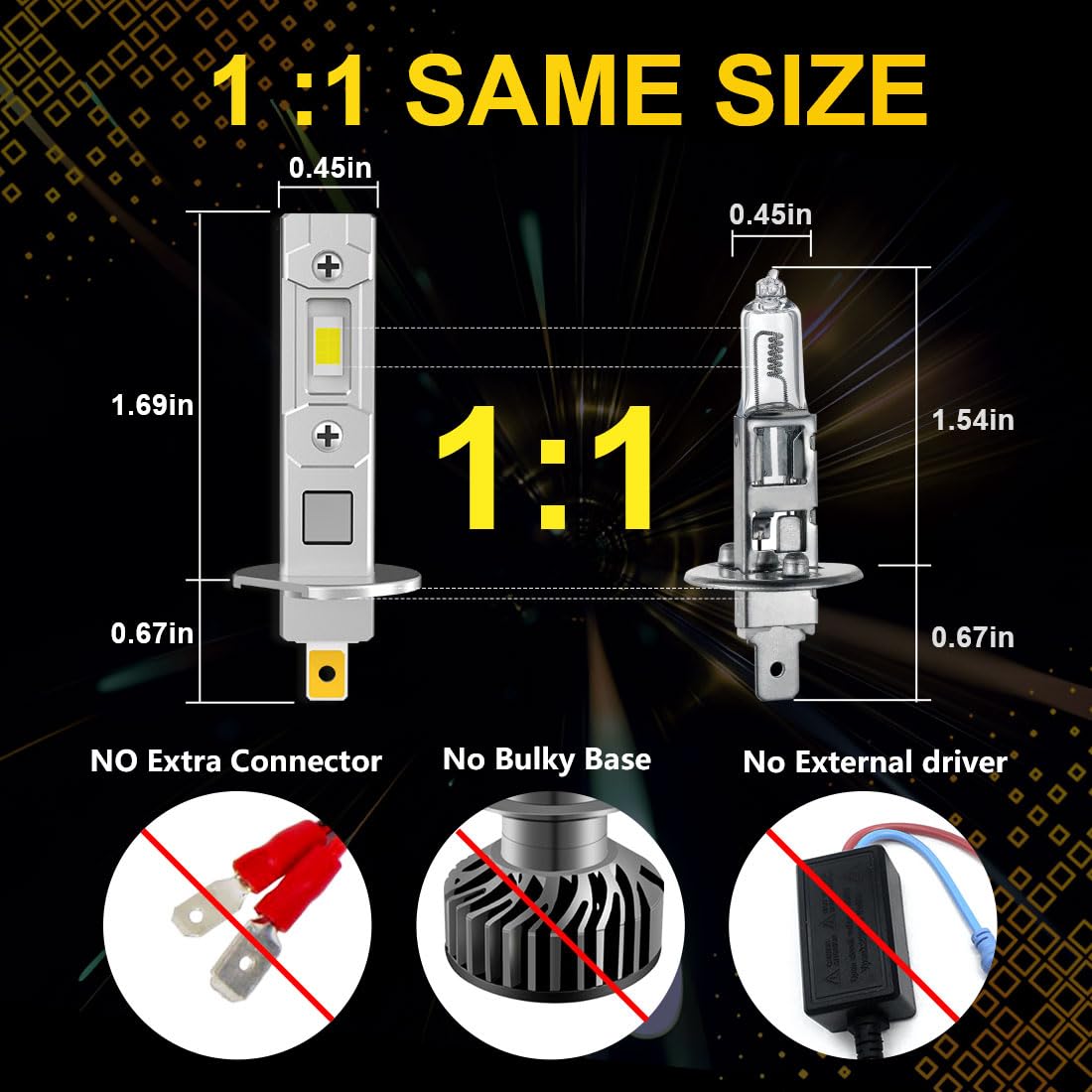 NOVCAPAR H1 LED bulbs side profile showing compact, fanless design