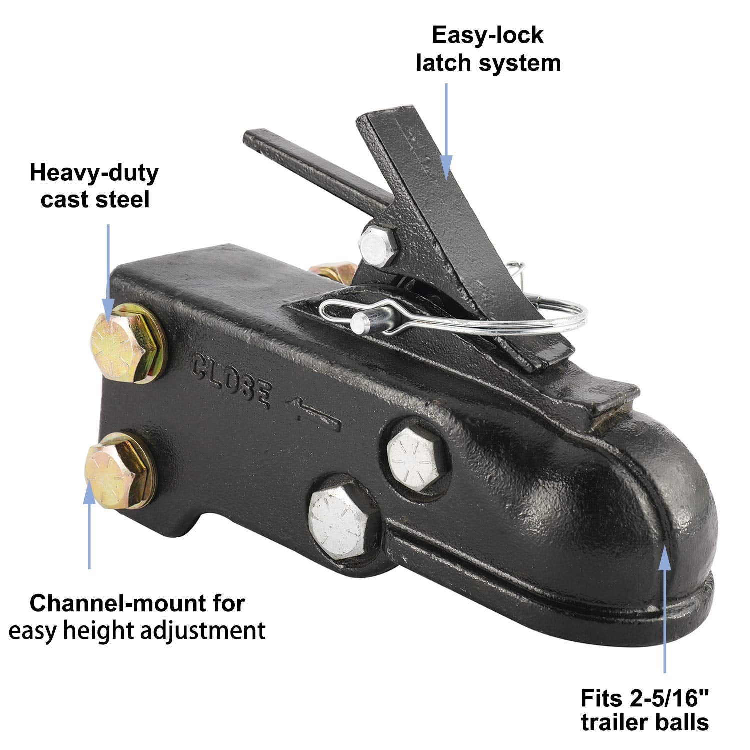 NovelBee channel-mount trailer coupler emphasizes secure connection.