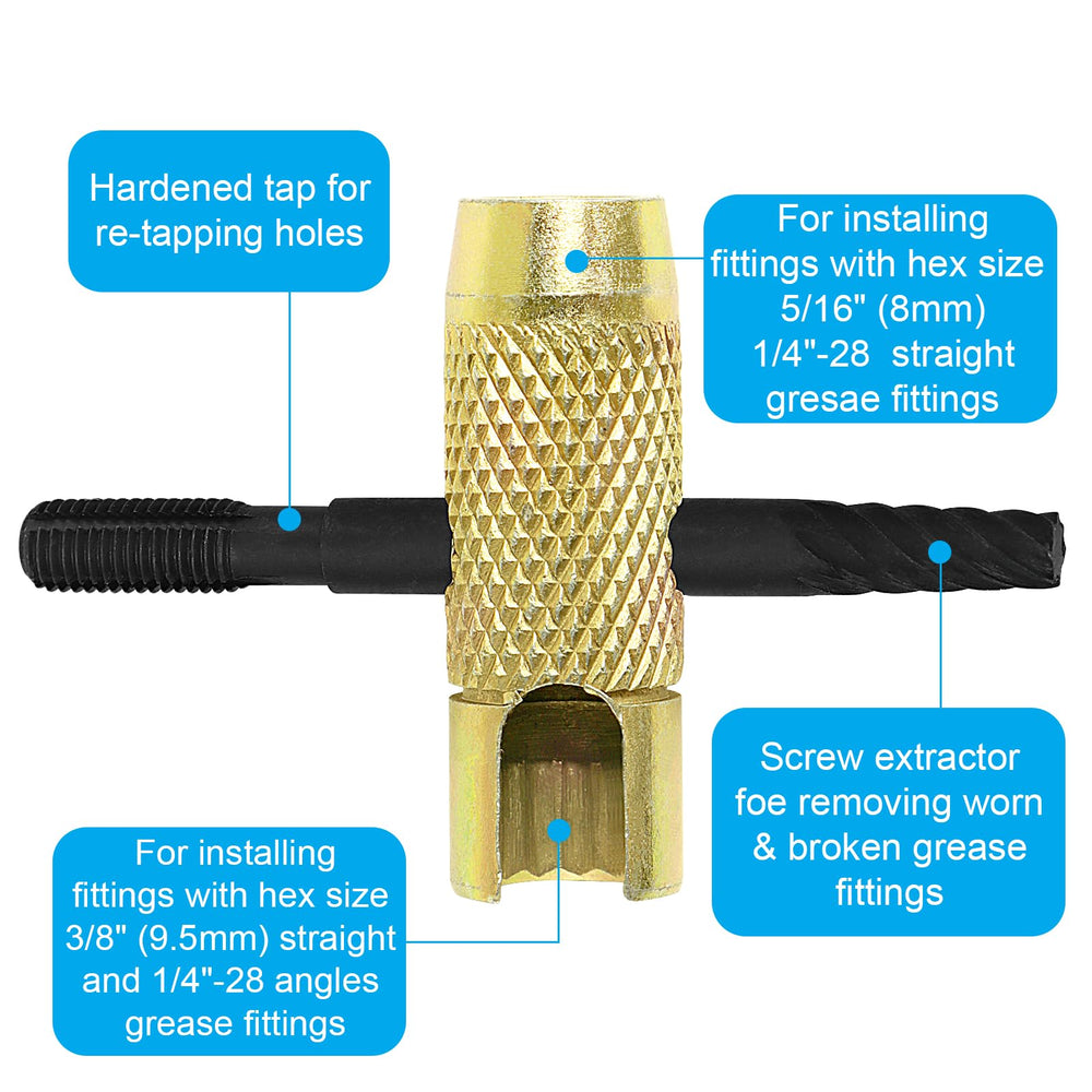 NOVINO grease zerk tool installation socket enables quick fittings installation.