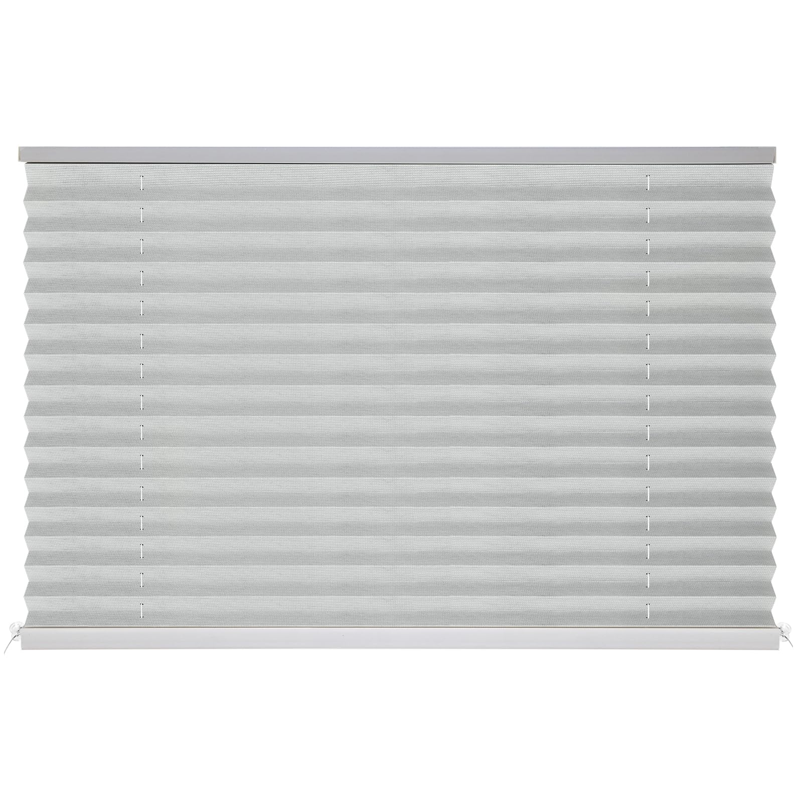 Novino RV blinds with gray pleated fabric provide durable privacy for camper windows.