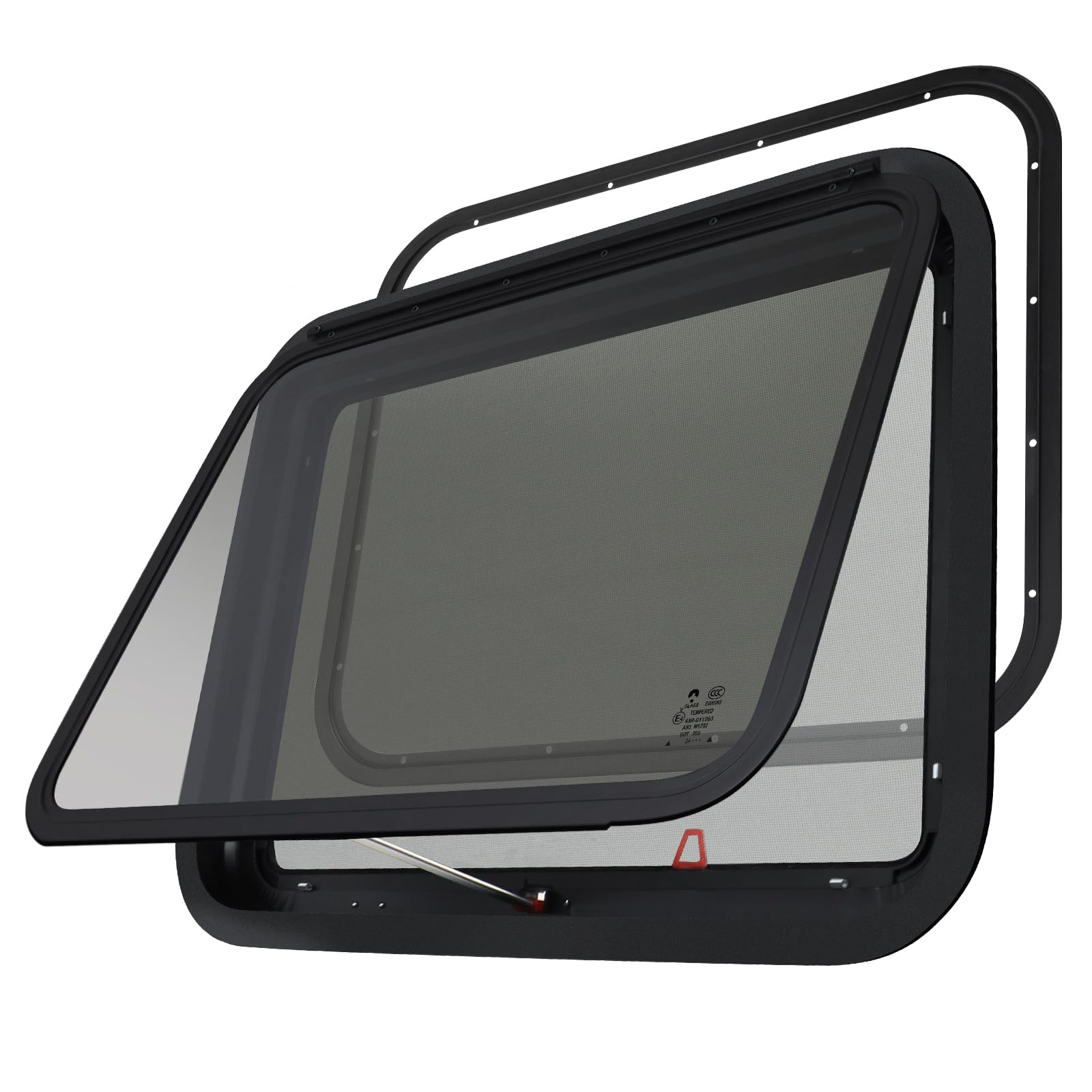 NOVINO RV exit window 30x22 with screen and trim ring for secure ventilation and emergency access.
