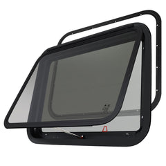 NOVINO RV exit window 30x22 with screen and trim ring for secure ventilation and emergency access.