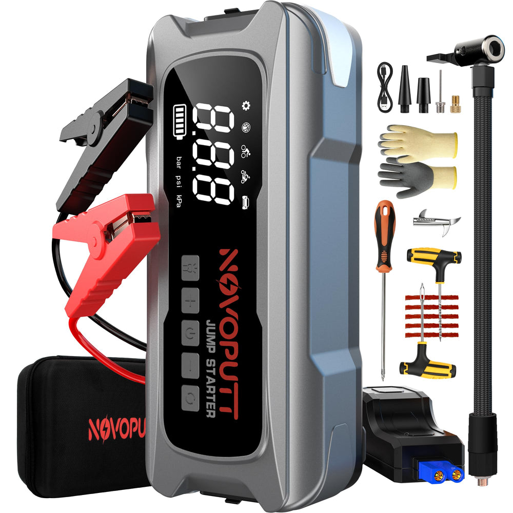 NOVOPUTT 6000A jump starter with clamps front view for quick engine start