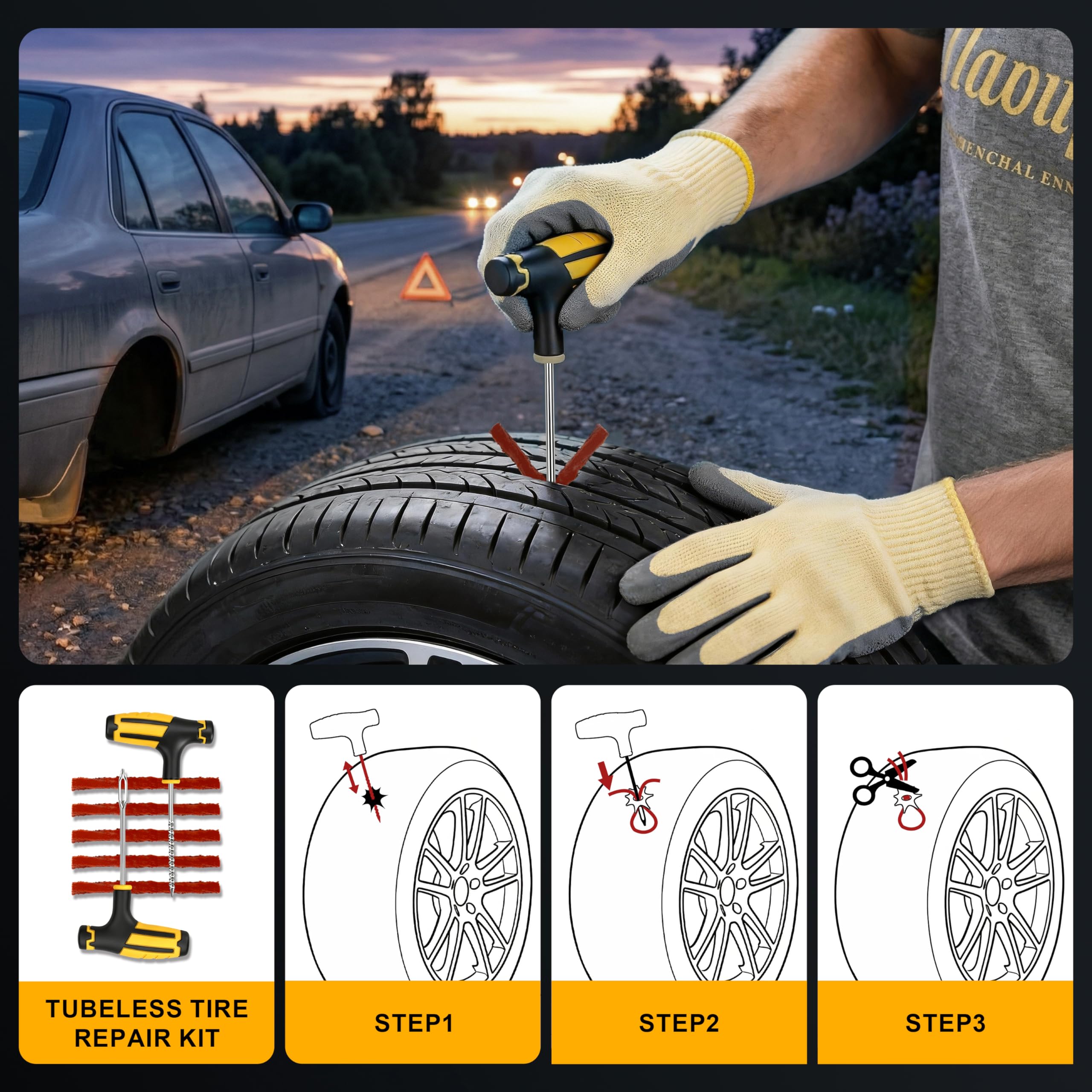 NOVOPUTT safety gloves and plug kit for secure roadside repairs