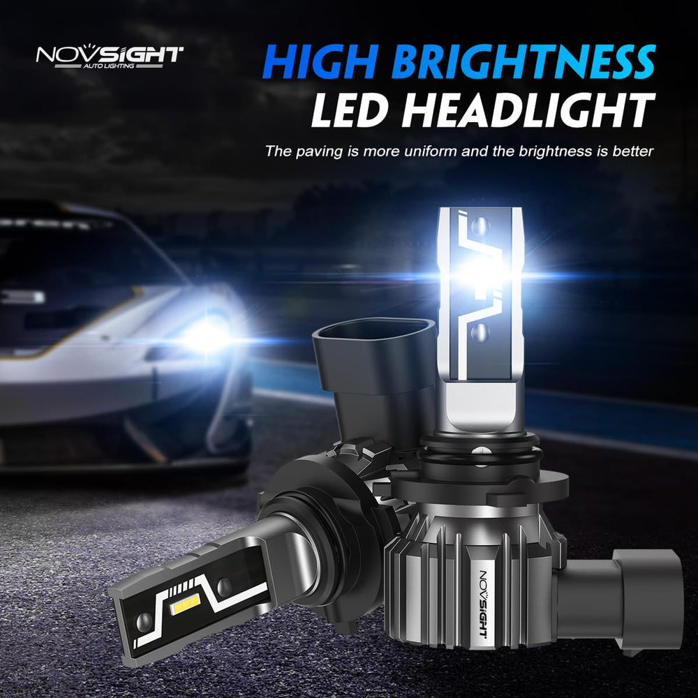 NOVSIGHT 9006 HB4 LED bulbs side view highlighting compact plug-and-play fit