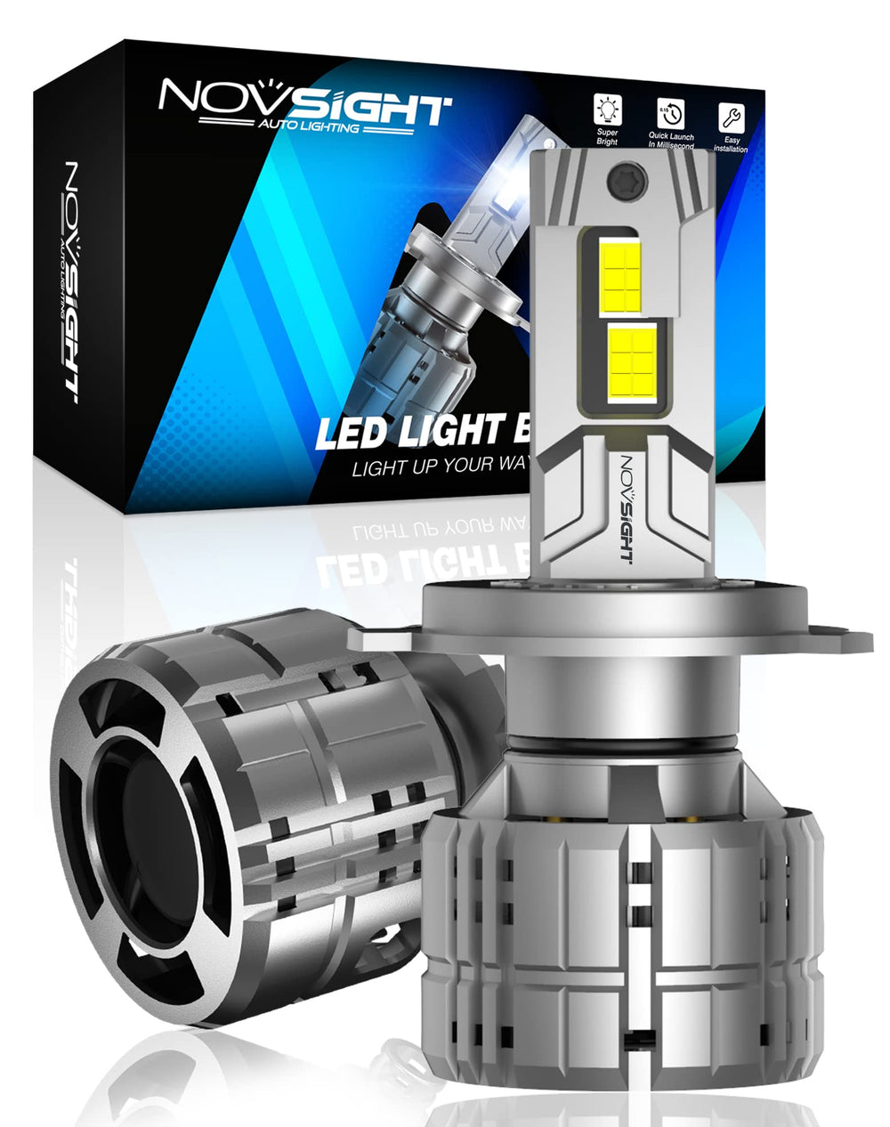 NOVSIGHT H4 bulbs front view showing bright illumination for safer night driving.
