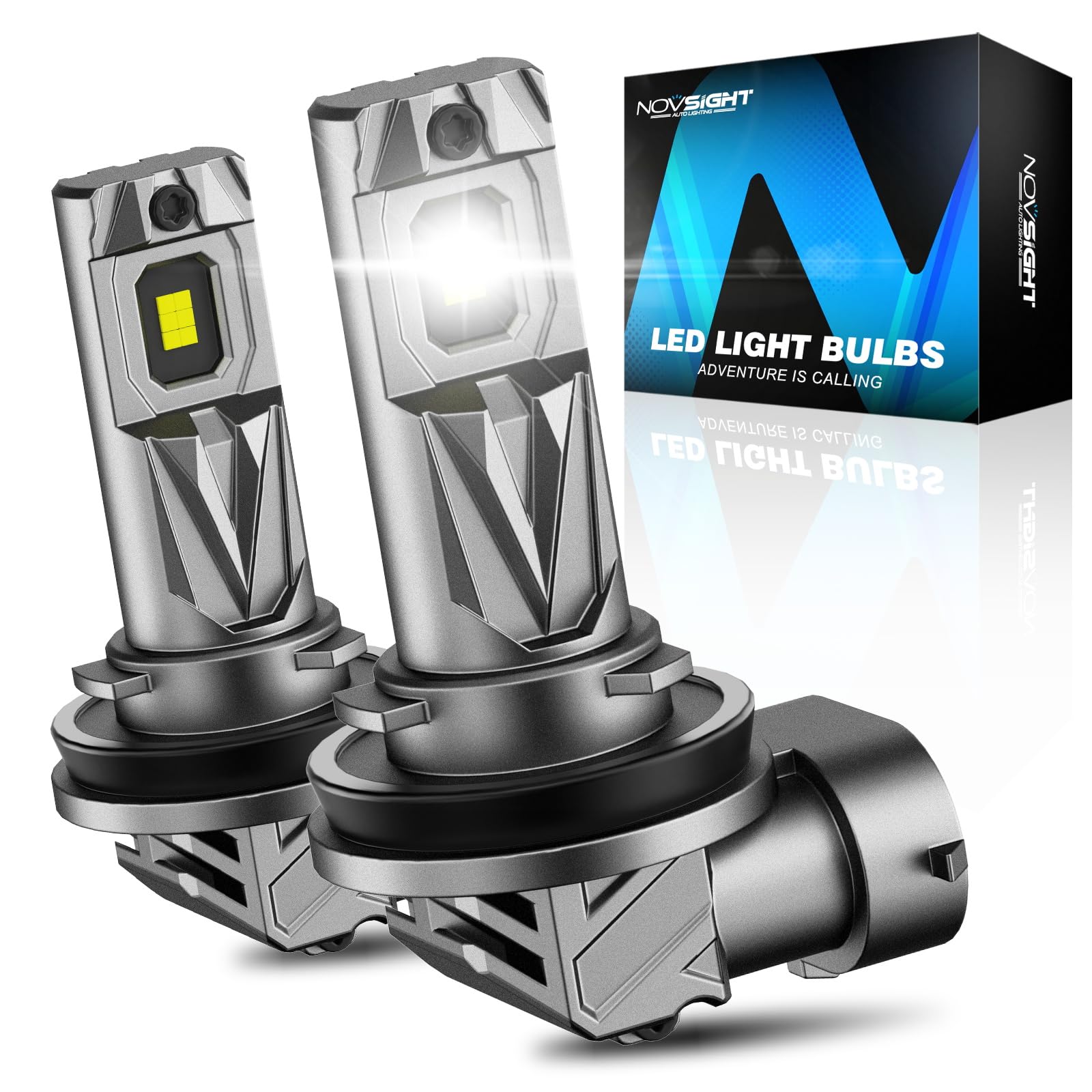 NOVSIGHT H8/H9/H11 mini-size bulb shown for quick plug-and-play upgrade.