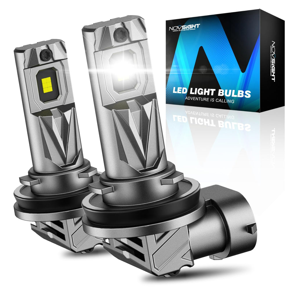 NOVSIGHT H8/H9/H11 mini-size bulb shown for quick plug-and-play upgrade.
