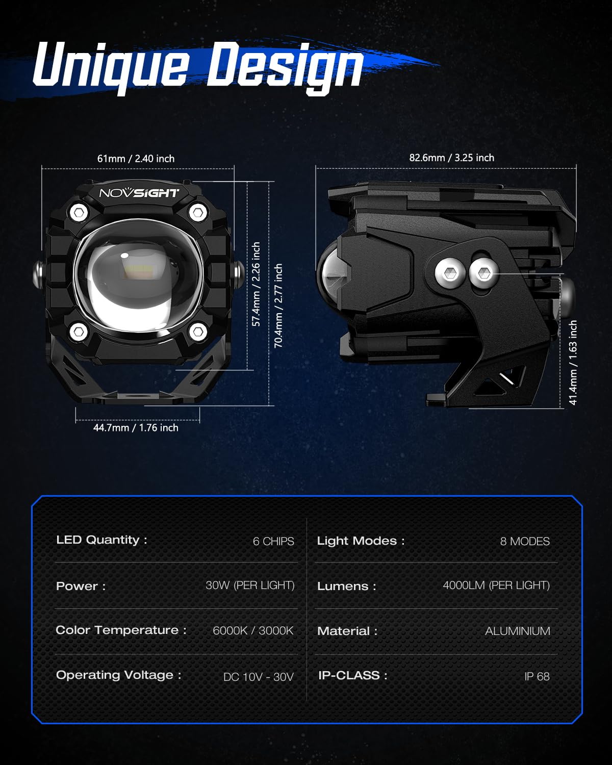 NOVSIGHT LED pods dual pod setup expands field of view for wider coverage.
