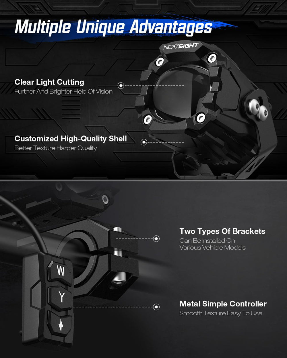 NOVSIGHT LED pods mounting brackets and extension cable enable quick, secure installation.