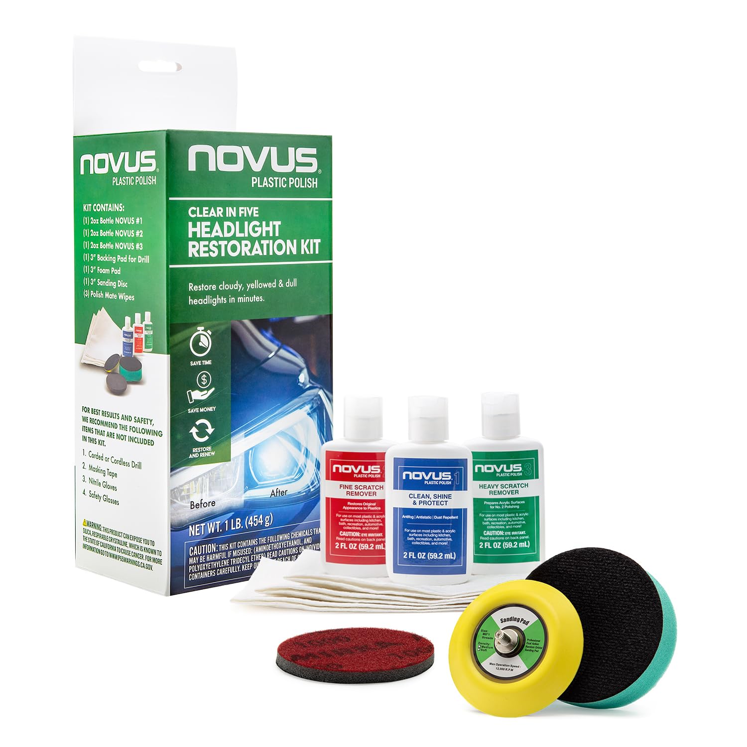 Novus Clear headlight bottle 1 for polishing cloudy lenses.
