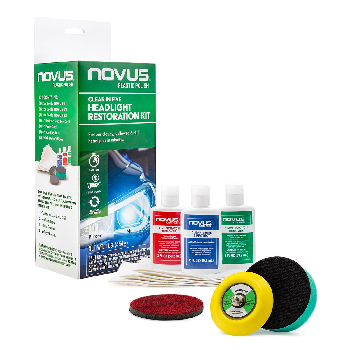Novus Clear headlight bottle 1 for polishing cloudy lenses.