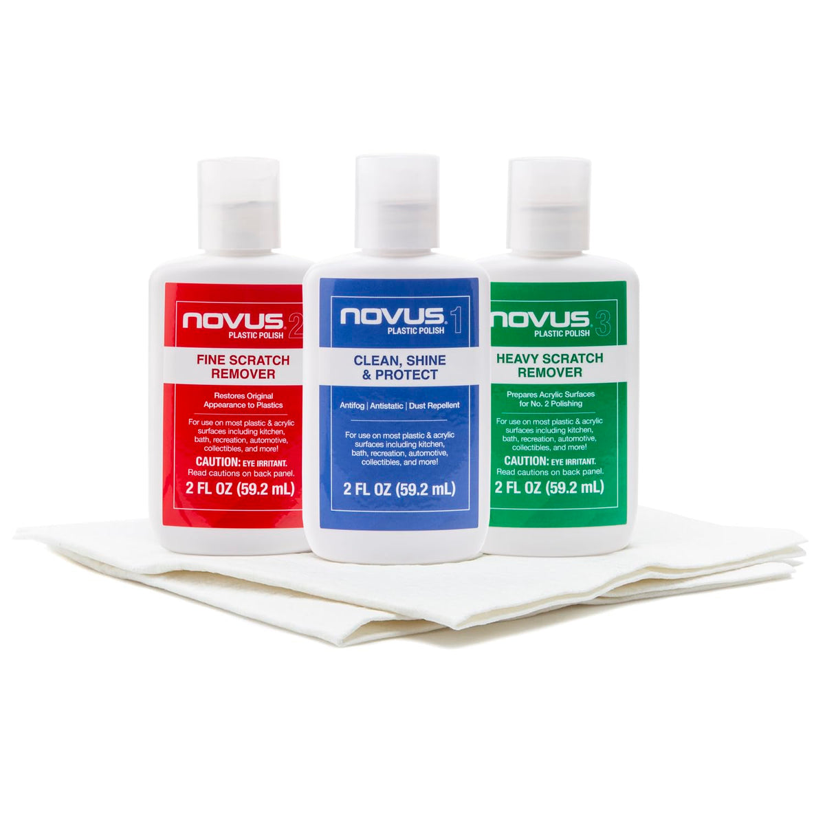 Novus PK1-2 plastic polish bottle on surface, restoring clarity to acrylics.