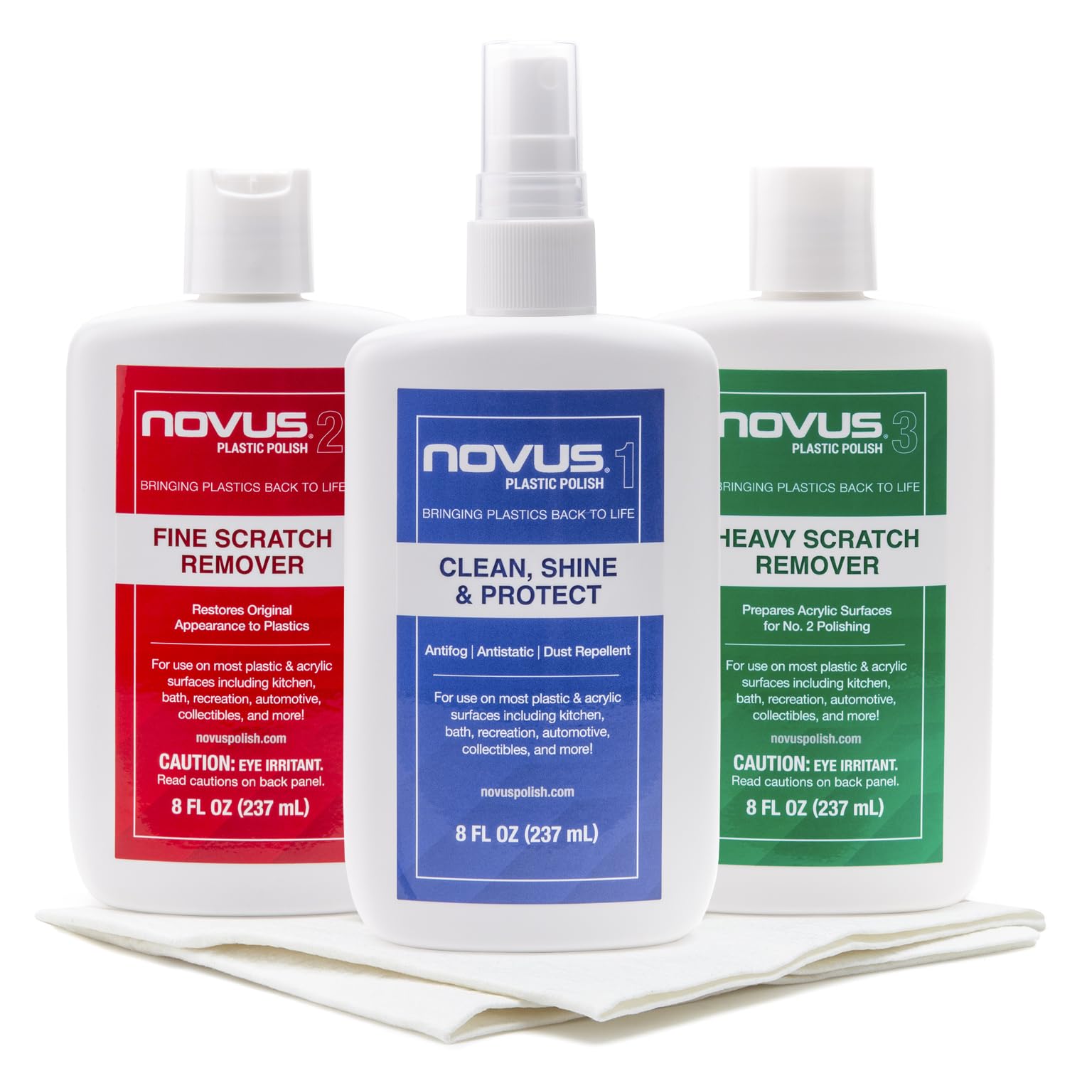 The NOVUS PK1-8 kit shown with all bottles for easy plastic care.