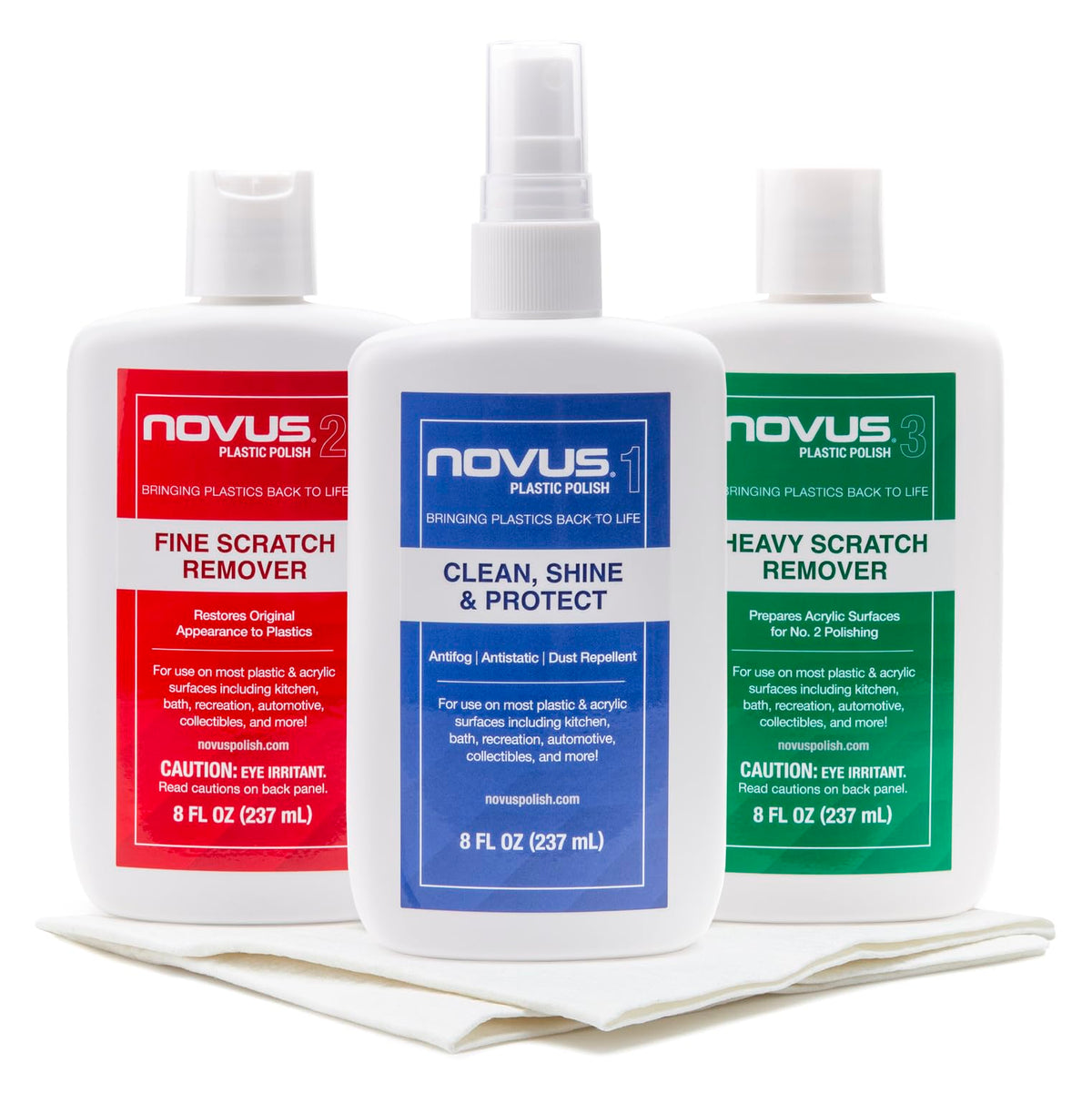 Novus PK1 8oz polish bottle restores clarity on plastics.