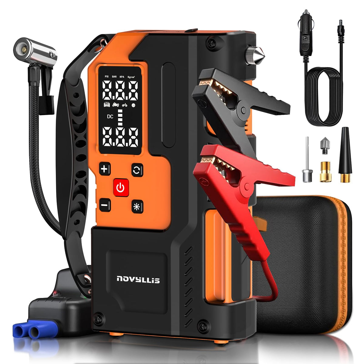 Novyllis jump starter with air compressor inflates tires up to 150 PSI quickly.