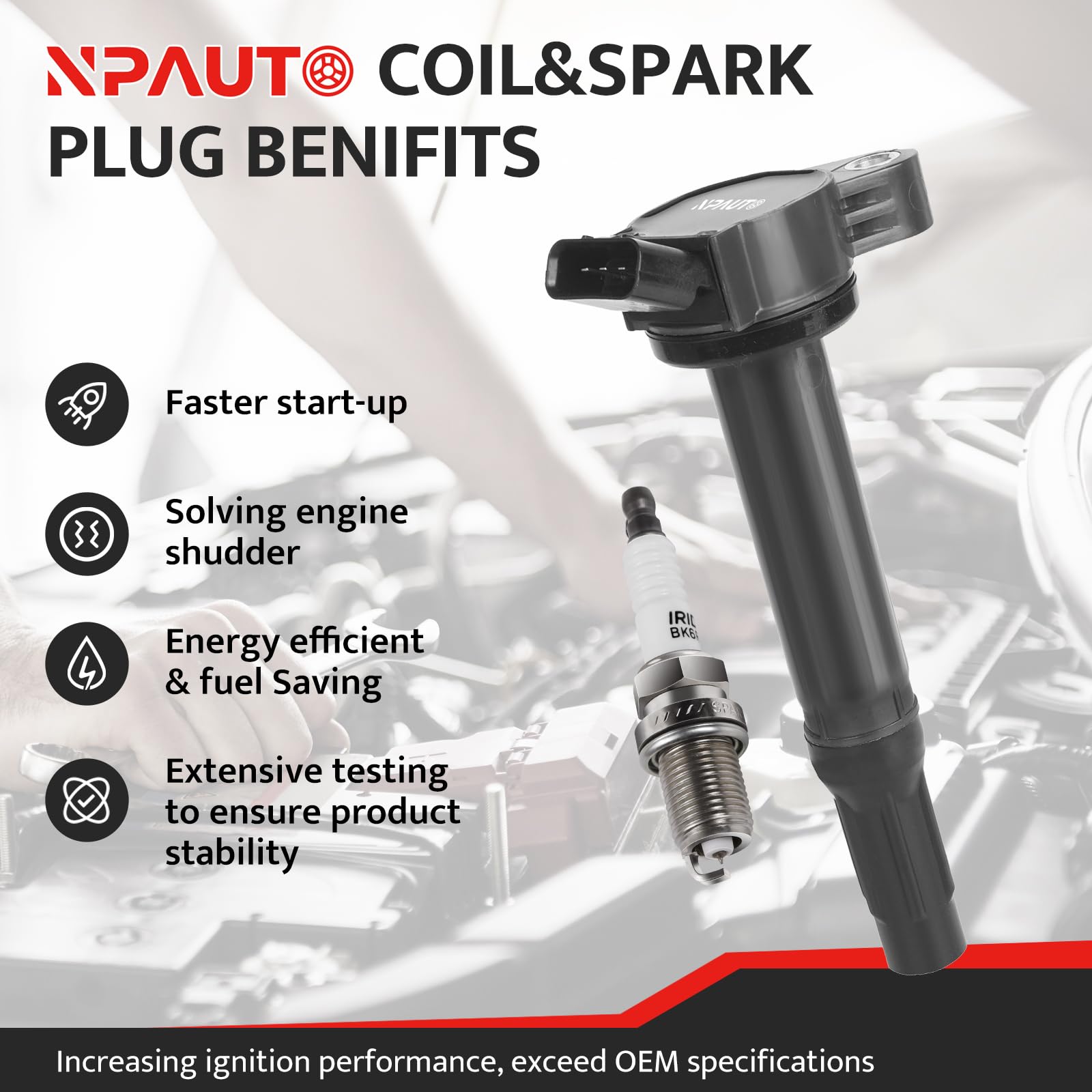 NPAUTO spark plugs 6pc pre-gapped kit for quick fit and reliable combustion.