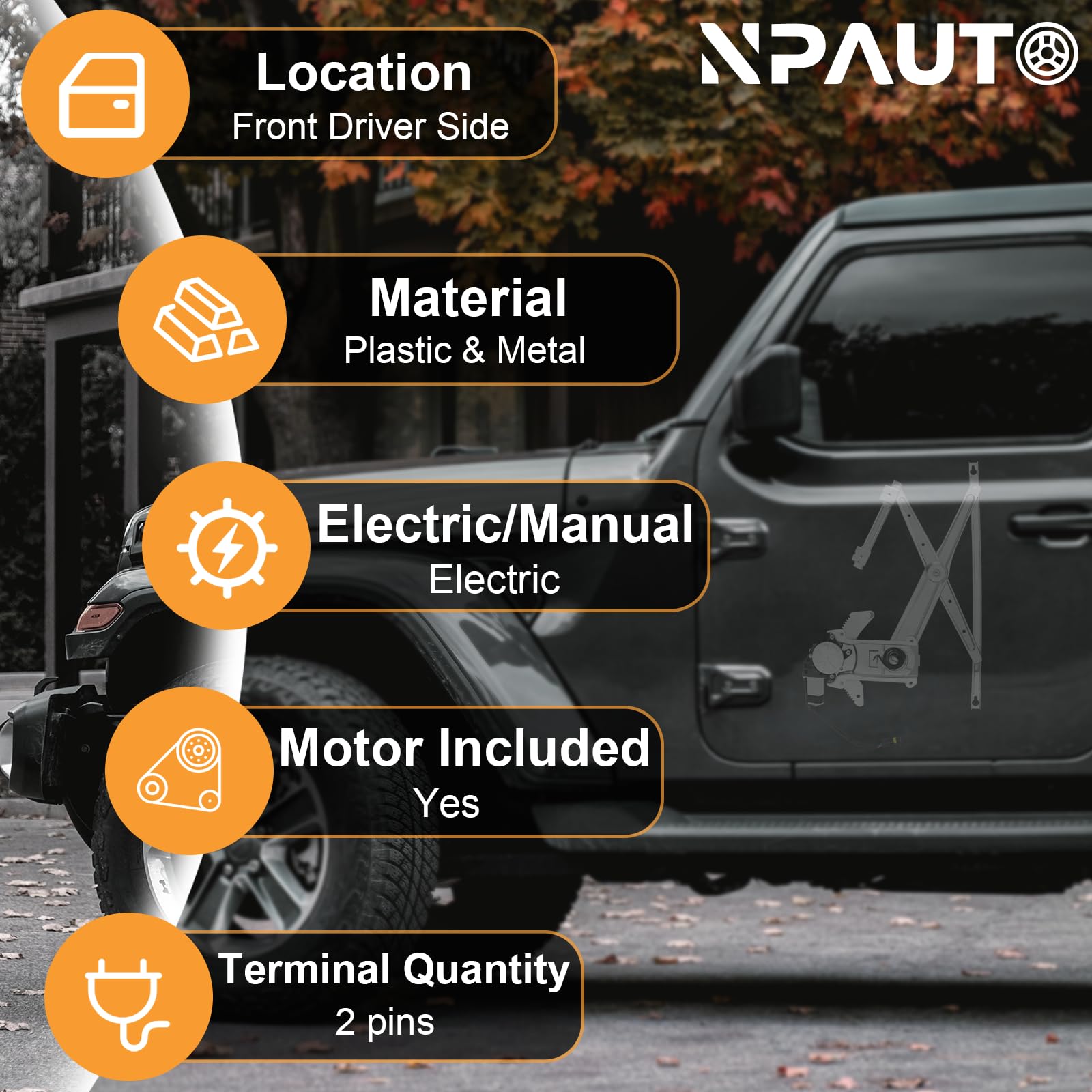NPAUTO front-left regulator motor assembly for Dodge Ram fits directly for easy replacement.