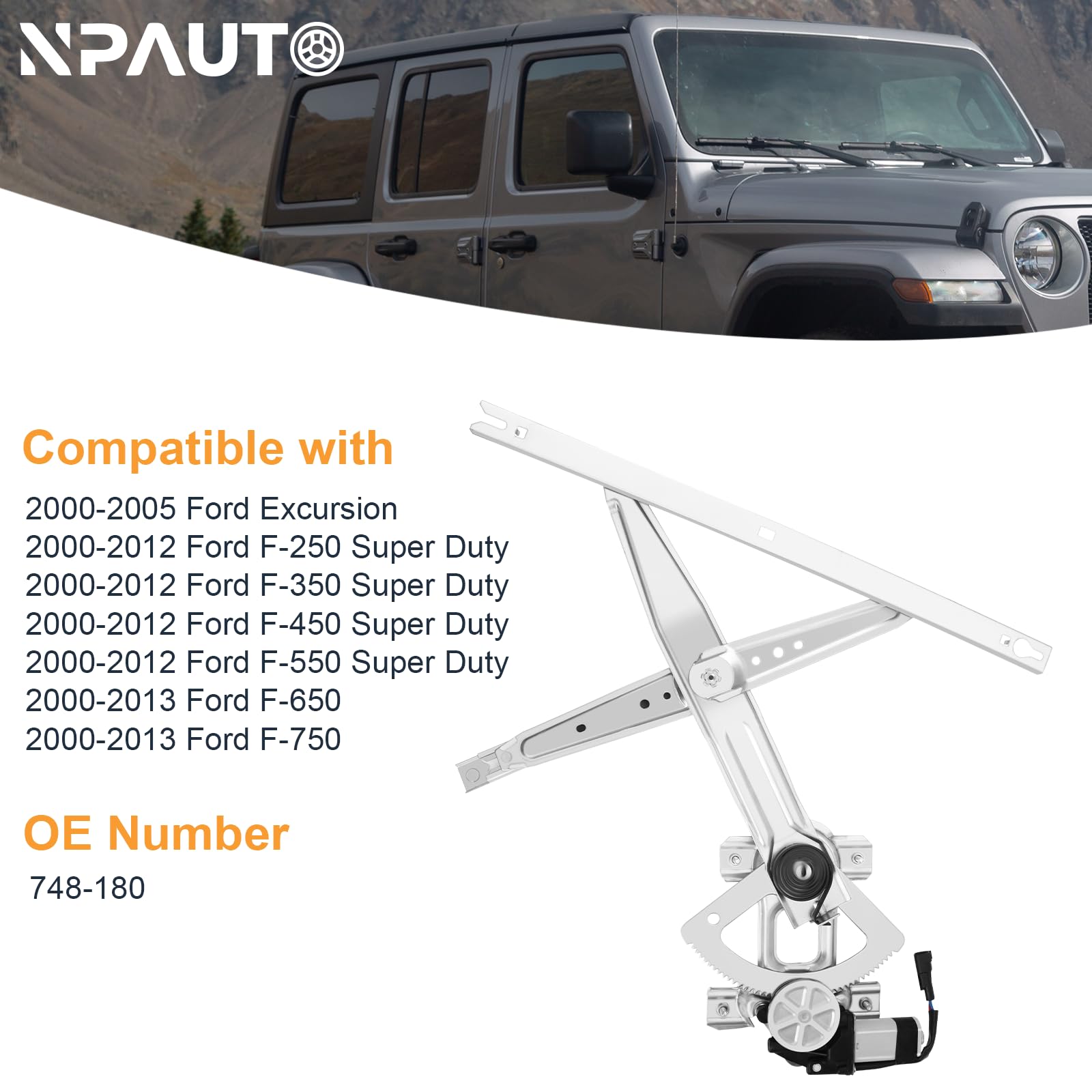 NPAUTO front-left regulator with motor for Ford F-450 provides steady lifting motion.