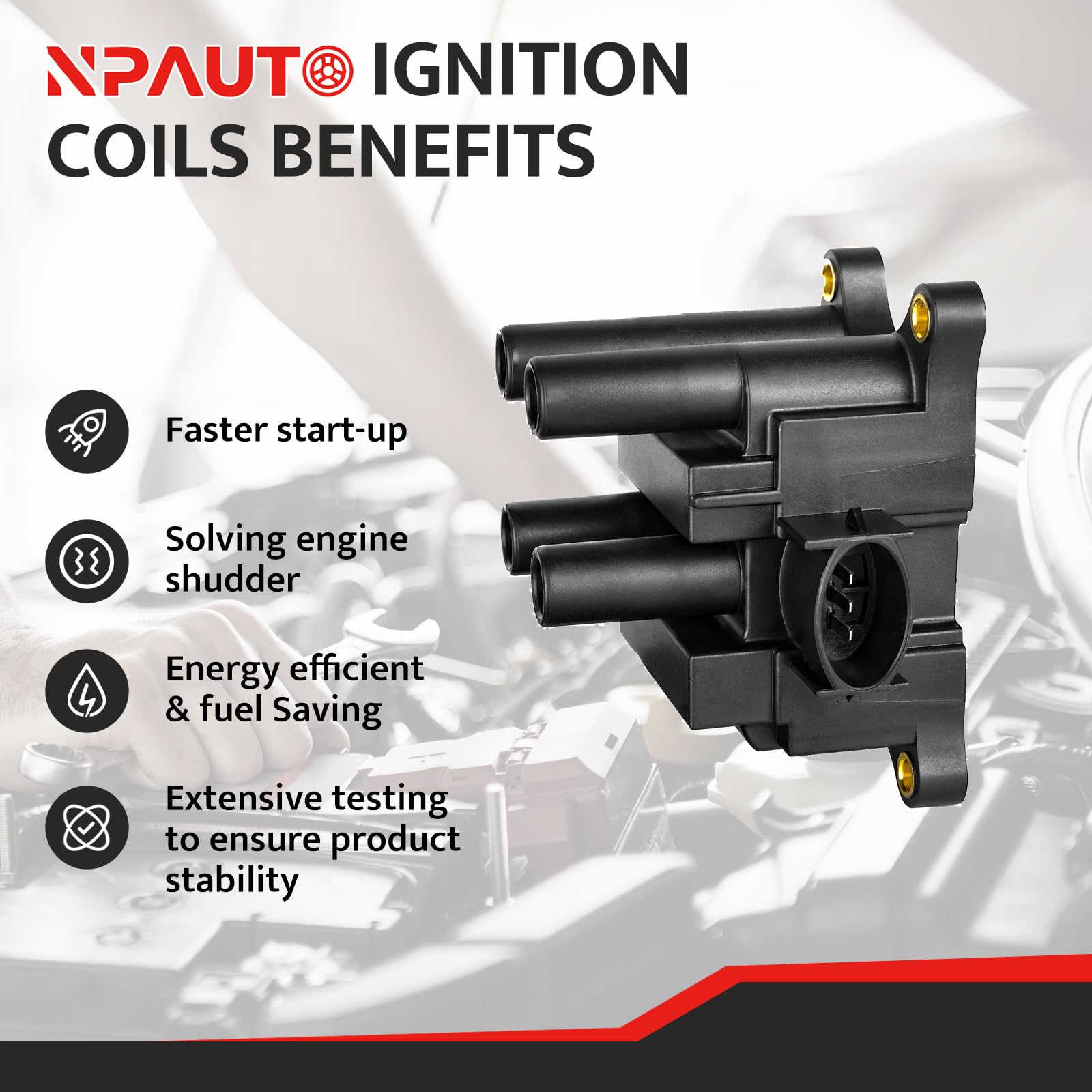 NPAUTO ignition coil pack side view highlights compact installation footprint for 2.0L and 2.3L engines