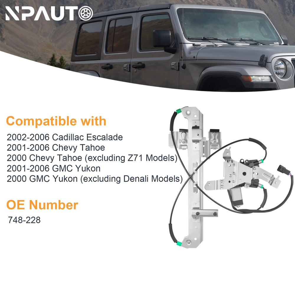 NPAUTO rear driver side window regulator with motor for Cadillac Escalade; left side, steady glass rise.