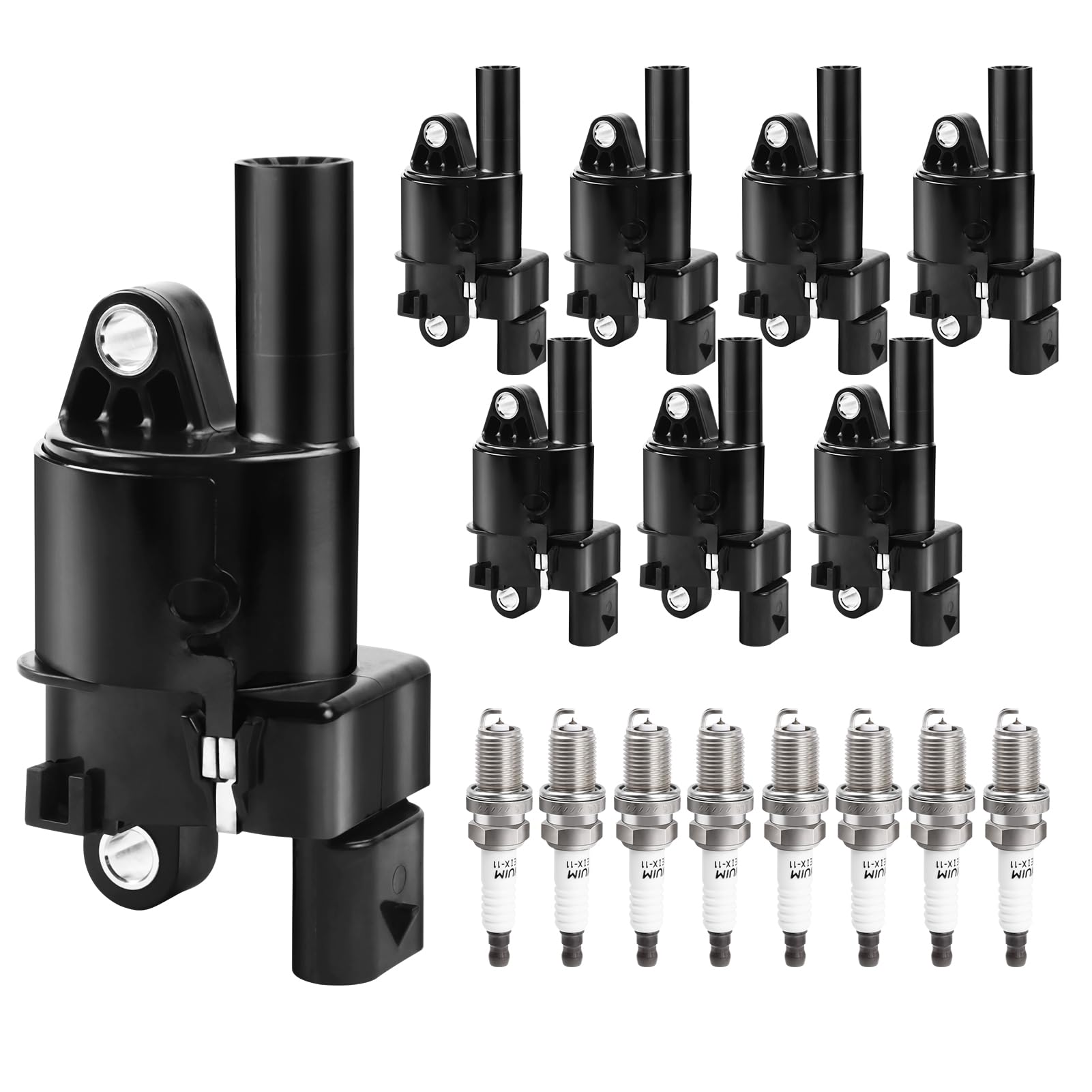 NPAUTO round ignition coil packs with eight coils and eight pre-gapped plugs for GM V8 engines.
