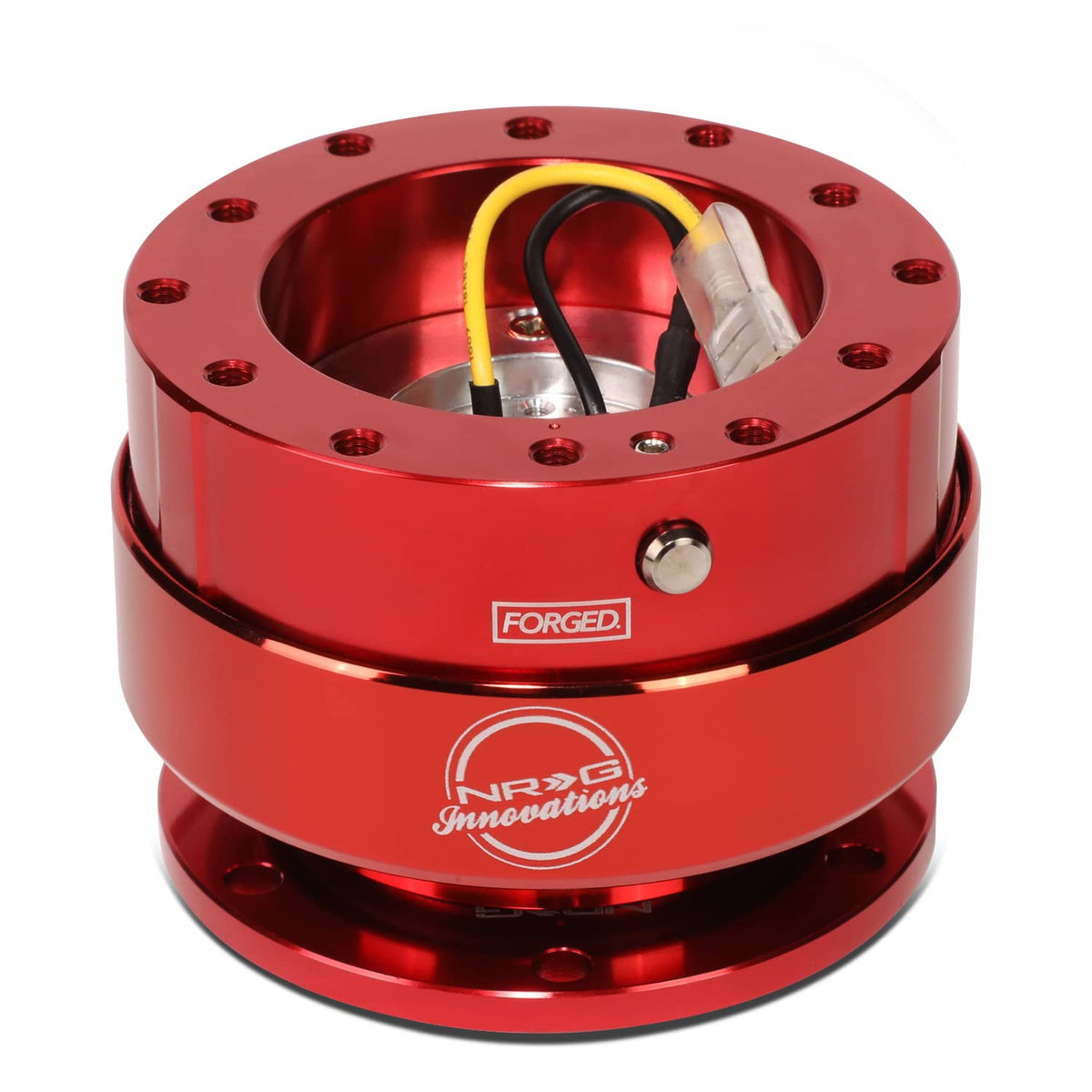 NRG Innovations SRK-200RD-TI red body close-up highlights premium grip and bold styling.