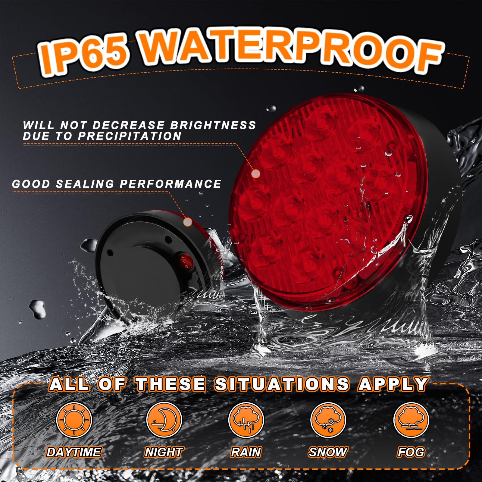 Nrgedzam IP65 waterproof strobe light withstands rain, snow, and dust for durable outdoor safety.