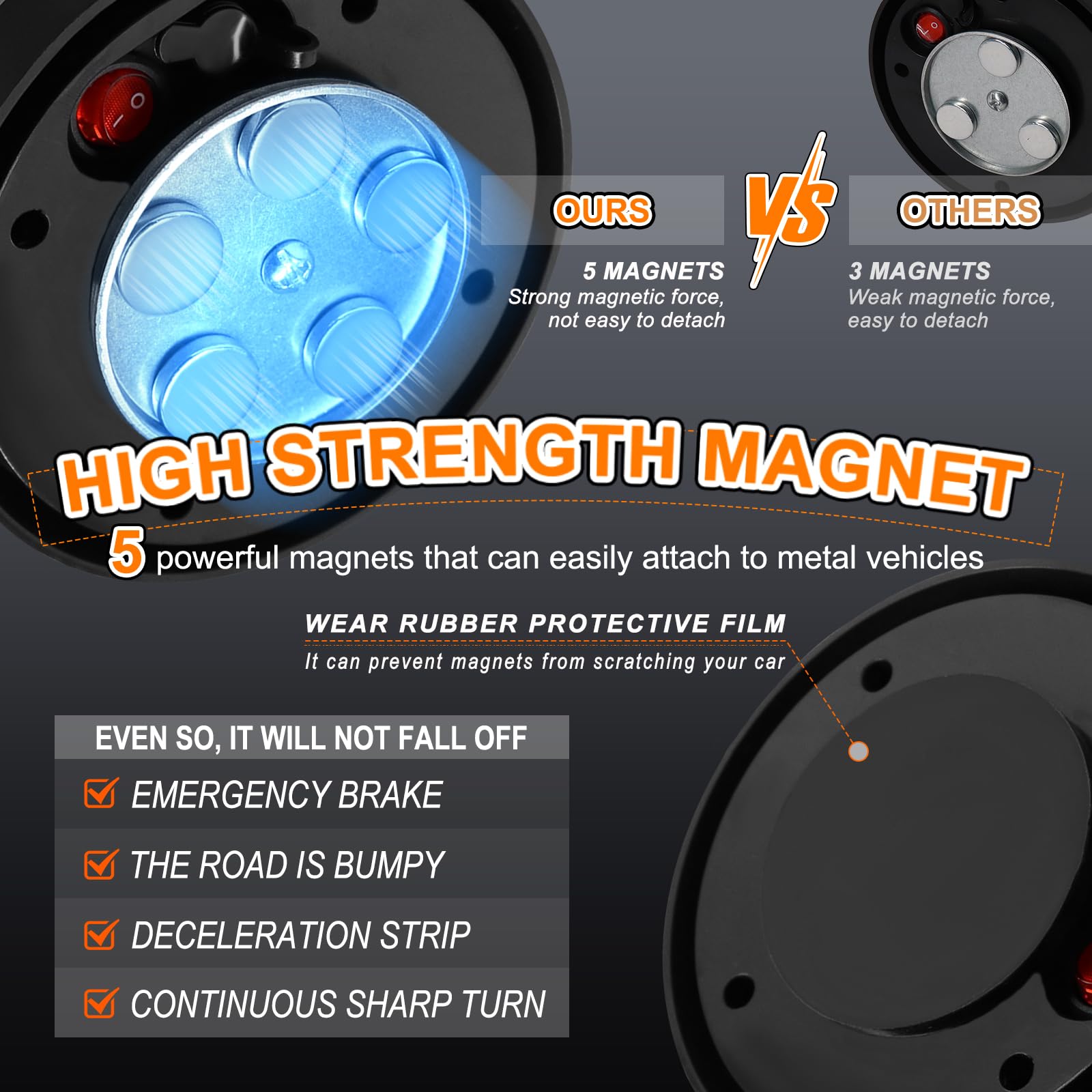 Nrgedzam magnetic emergency light for vehicles sticks firmly and protects paint at high speeds.