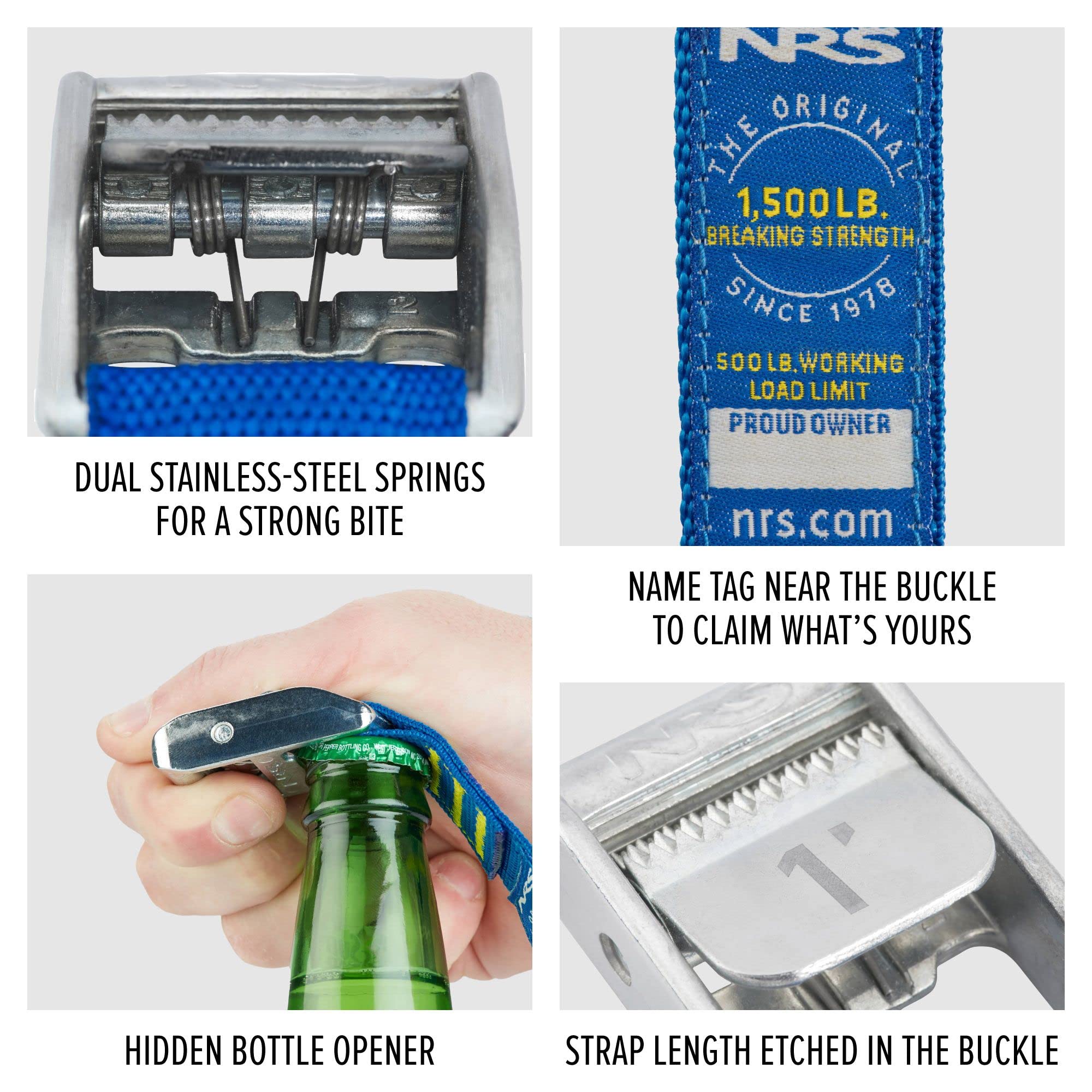 NRS buckle clearly marks strap size for quick identification after use.