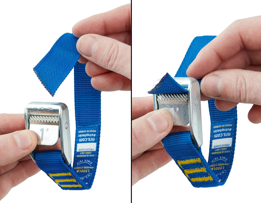 NRS heavy-duty tie-down cam buckle dual springs close-up highlights strong slip-free bite.