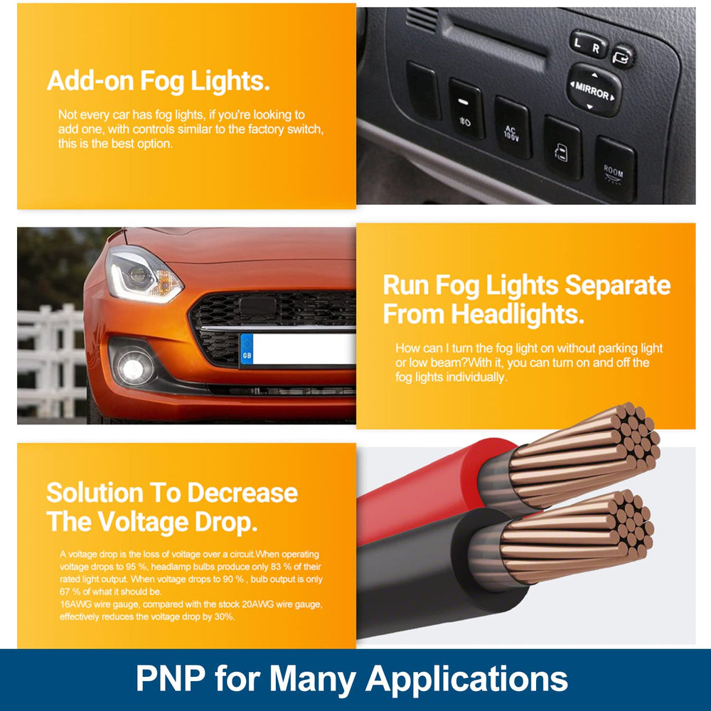 NSLUMO connector-wire close-up shows durable, secure fog-light connections.