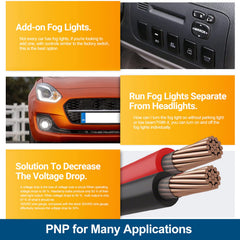 NSLUMO connector-wire close-up shows durable, secure fog-light connections.