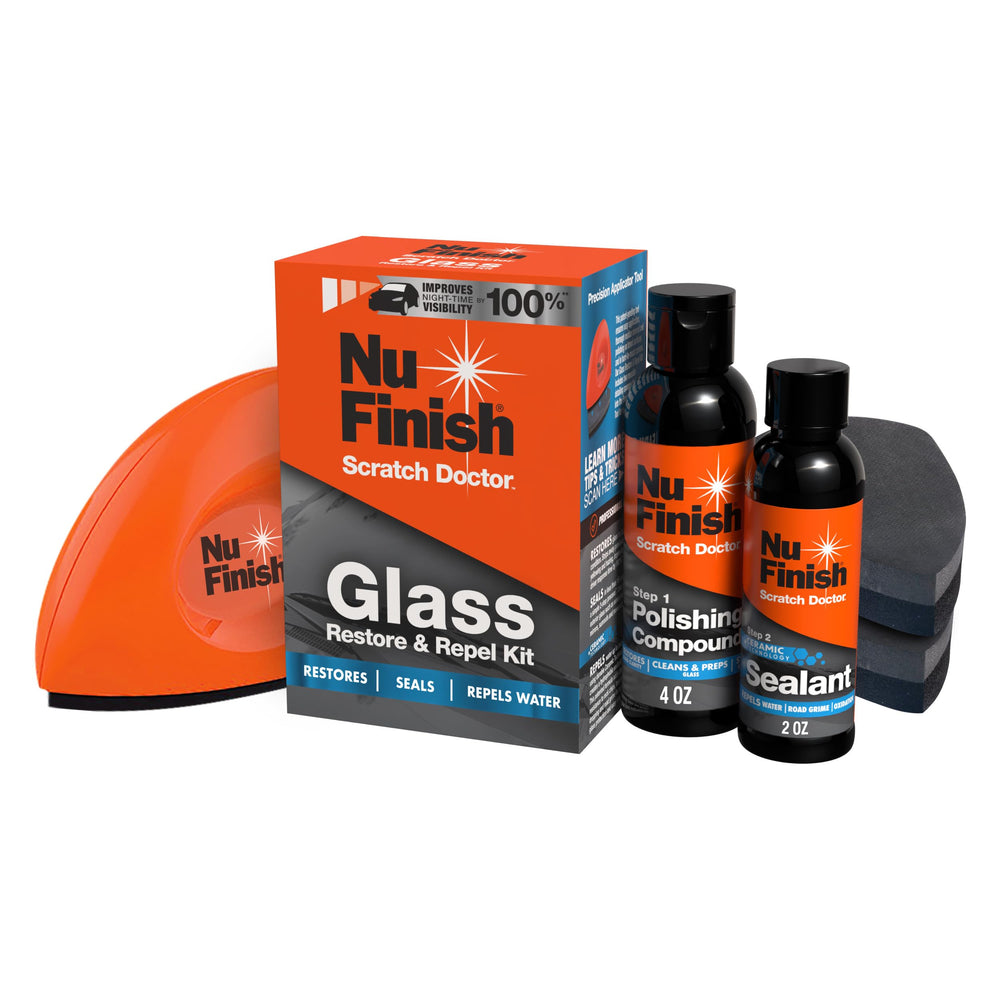 Nu Finish Glass Restore bottle demonstrates polishing compound for clearer glass and reduced haze.