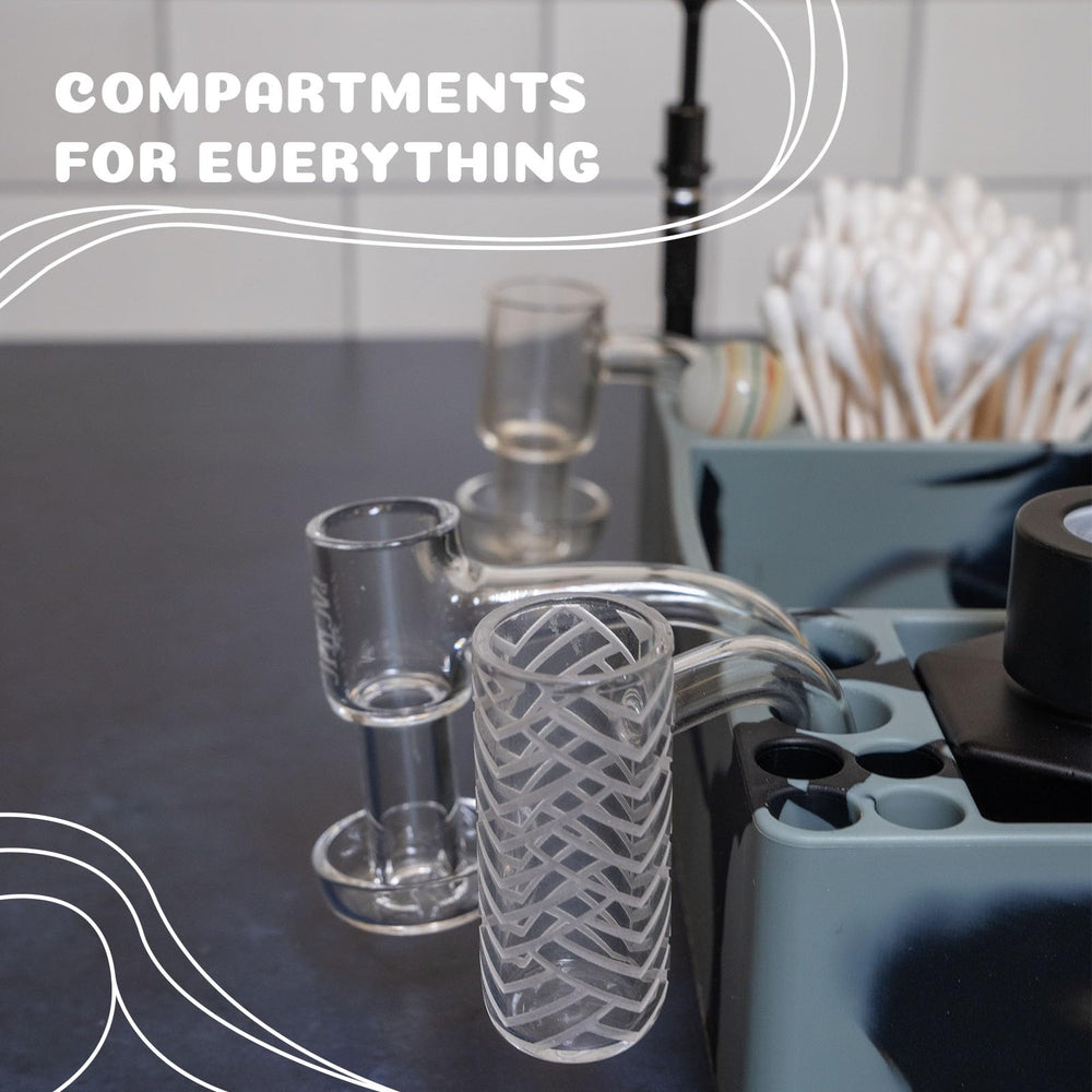 Nugbuddy Wax Tool Station holes for 2x18mm, 2x14mm, 8x10mm accessories for tidy storage.