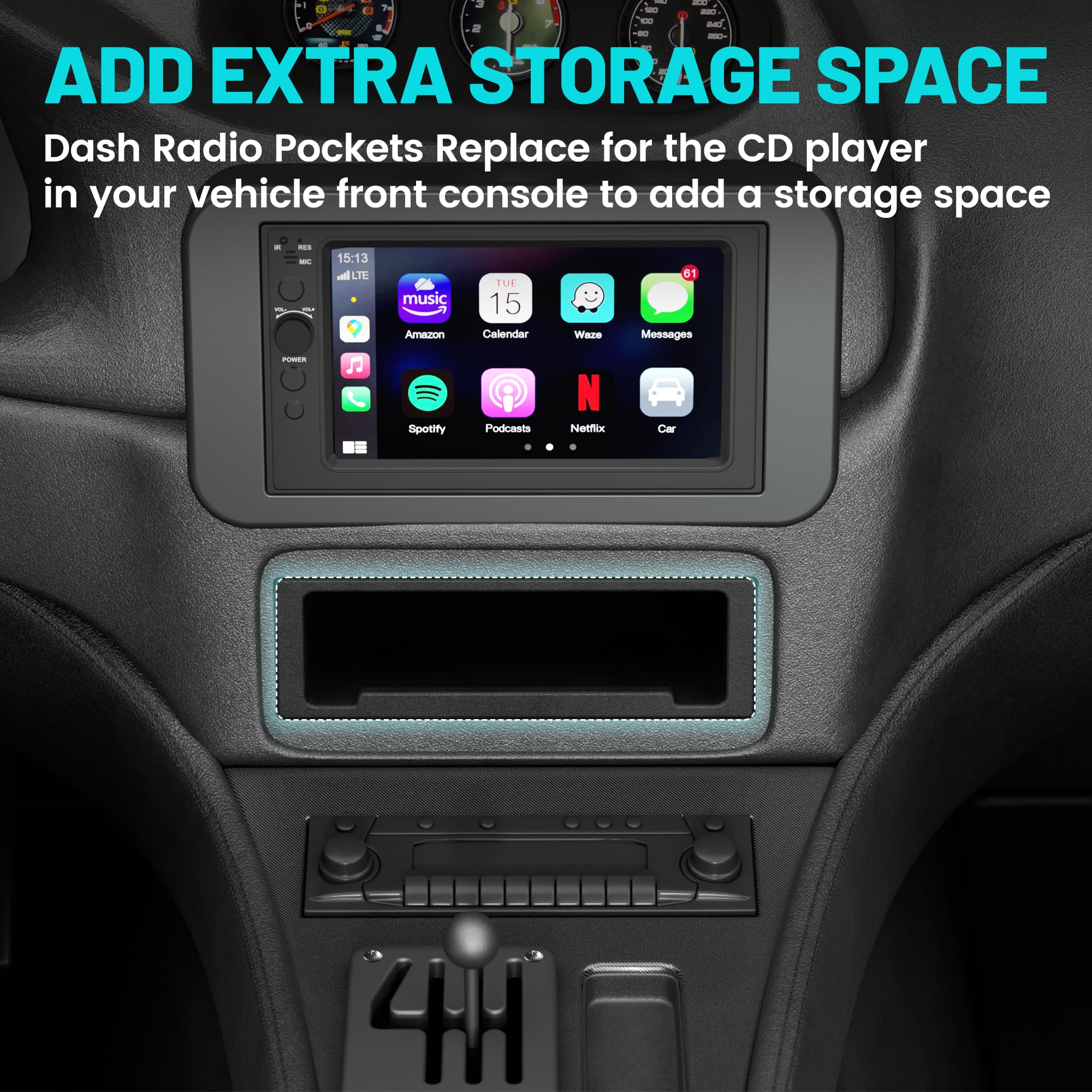 NuIth Dash Storage Pocket size 7.4x2.28x4.13 inches fits most single din slots.