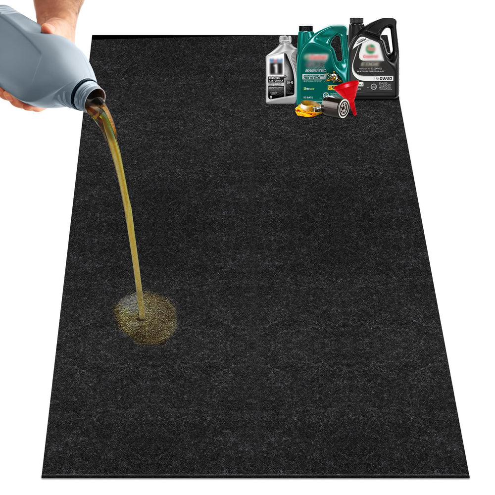 Nujzuir giant oil drip mat 60-72 inches protecting a garage floor from leaks