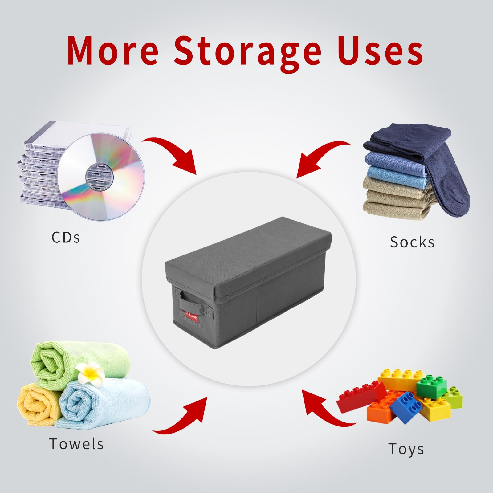 NUSWOR closet-organization setup with multiple boxes for media storage.