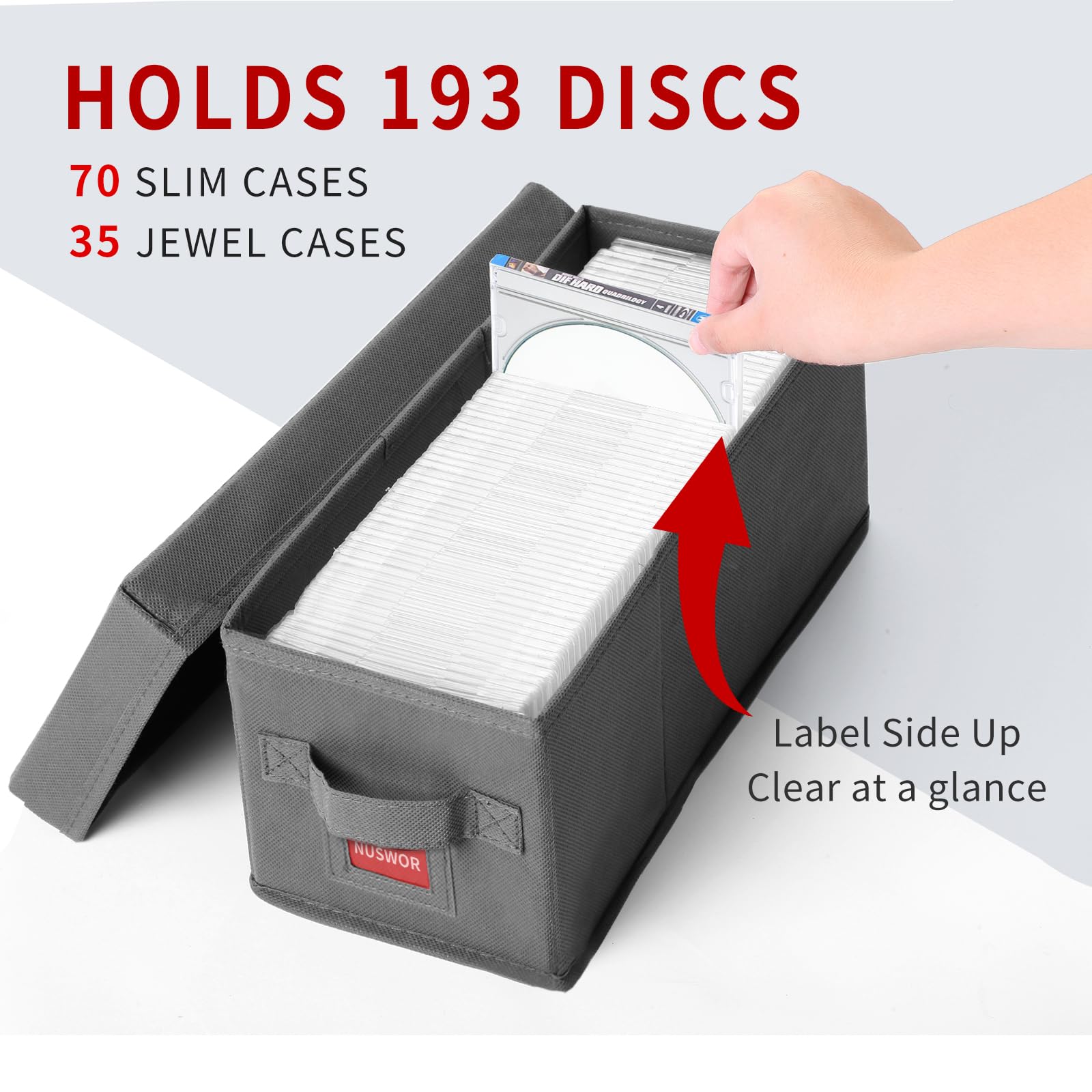 NUSWOR Premium CD Storage Box dimensions 14.37x5.7x6.3 inches in gray.