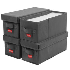 NUSWOR Premium CD storage box front view with lid in grey, ideal for tidy shelves.