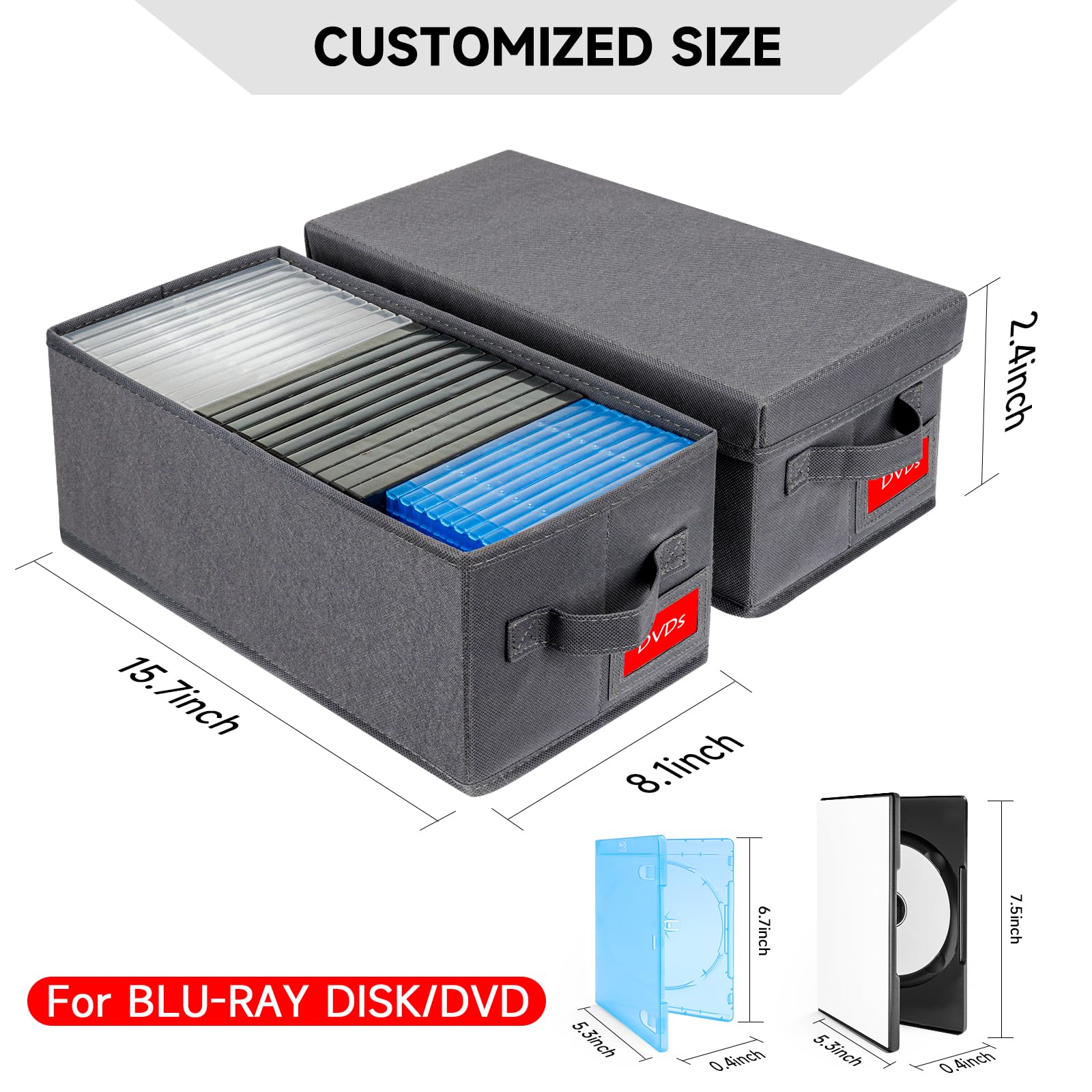 NUSWOR Upgrades DVD Storage Box on shelf with lid closed to protect from dust.