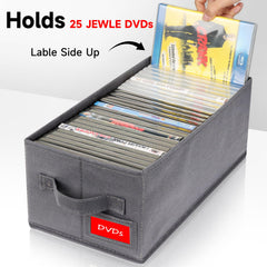 NUSWOR Upgrades DVD Storage Box stackable lid on shelf for space-saving storage.
