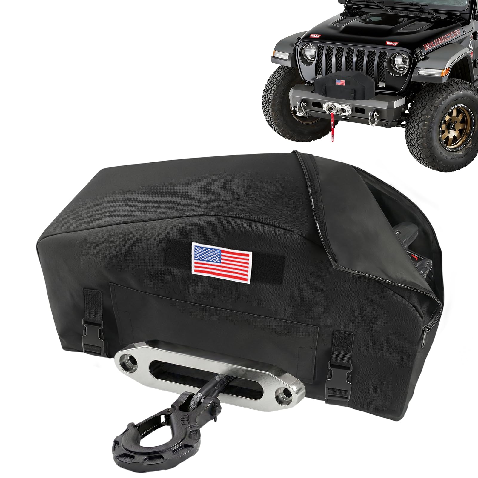 NVAAV winch cover with American flag patch adds rugged off-road style and protection
