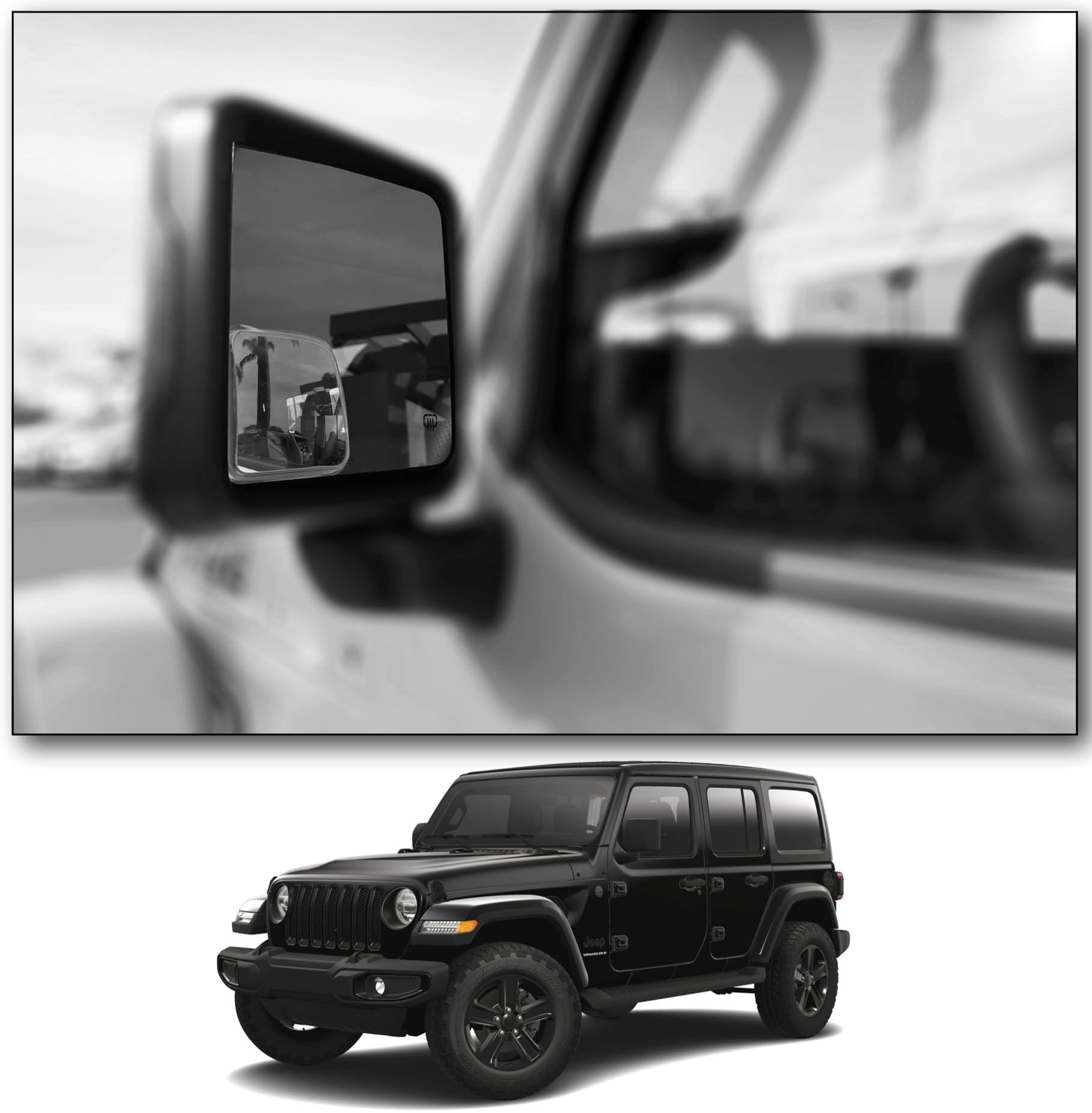 NXTGEN Automotive blind-spot left top-fit mirror for JL Wrangler enhances lane-change visibility.