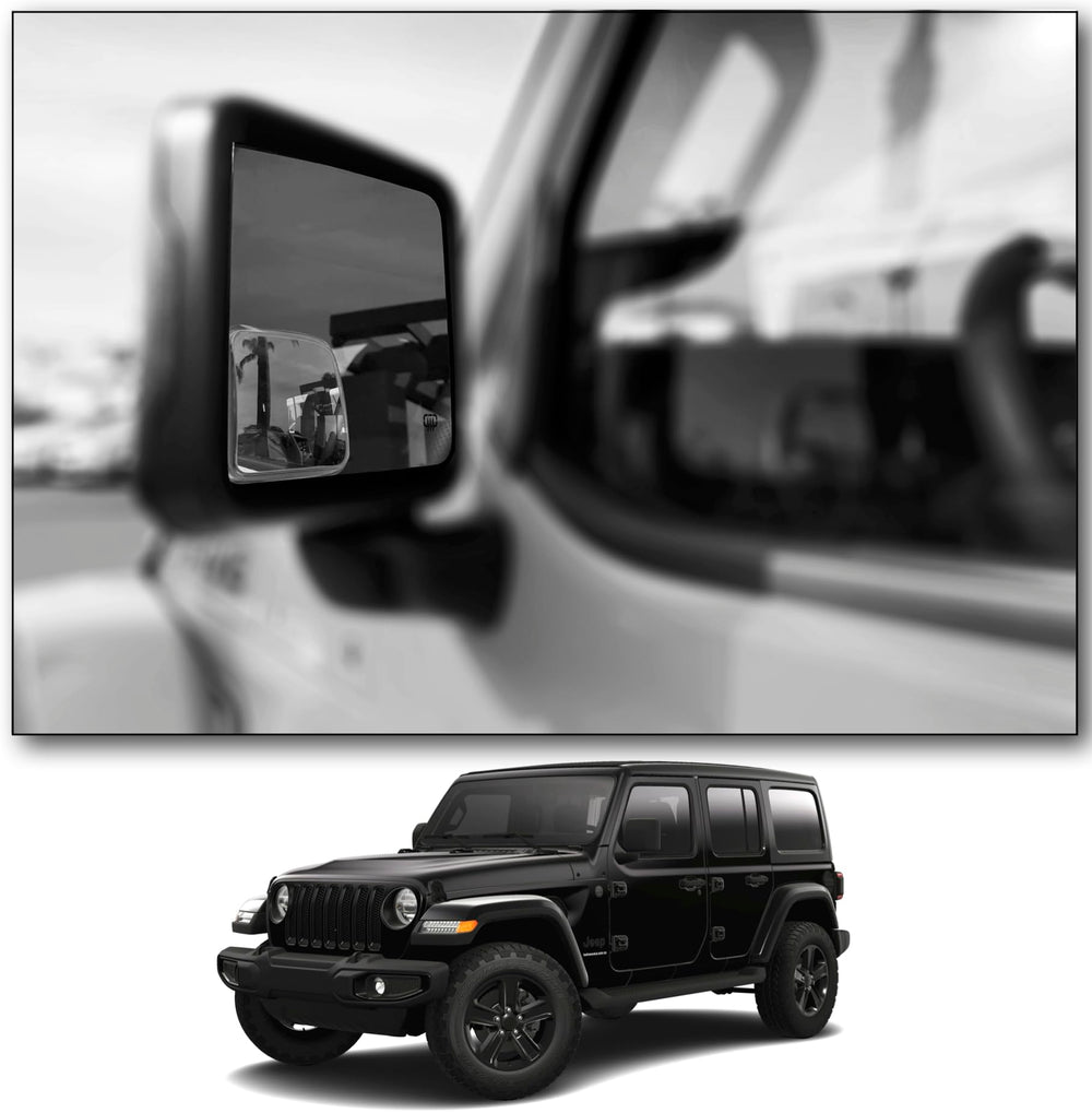 NXTGEN Automotive blind-spot left top-fit mirror for JL Wrangler enhances lane-change visibility.