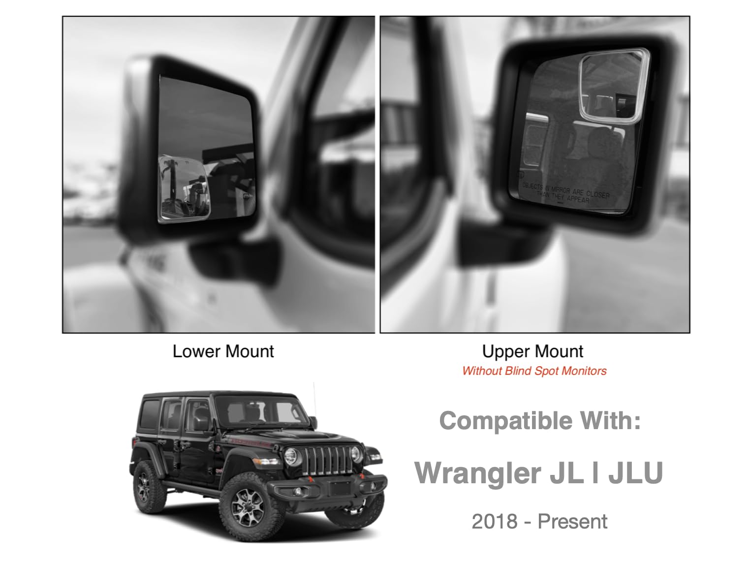 NXTGEN Automotive blind-spot right top-fit mirror for JL Wrangler improves merging awareness.
