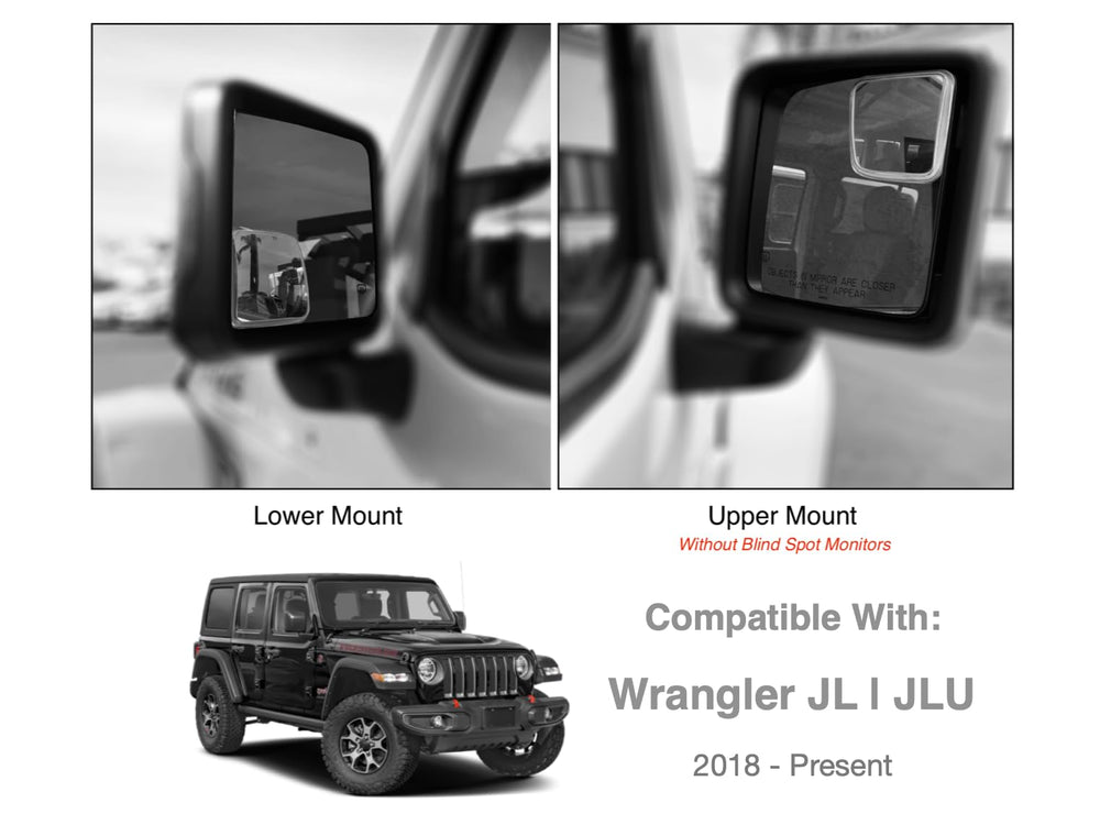 NXTGEN Automotive blind-spot right top-fit mirror for JL Wrangler improves merging awareness.