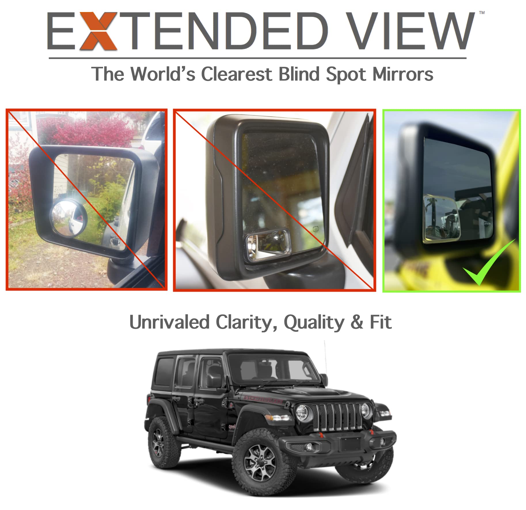 NXTGEN Extended View mirrors installed on Wrangler enhance overall visibility.