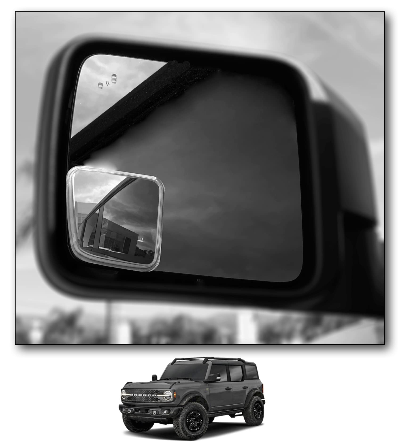 NXTGEN Extended View left Bronco BLIS mirror improves lane awareness.