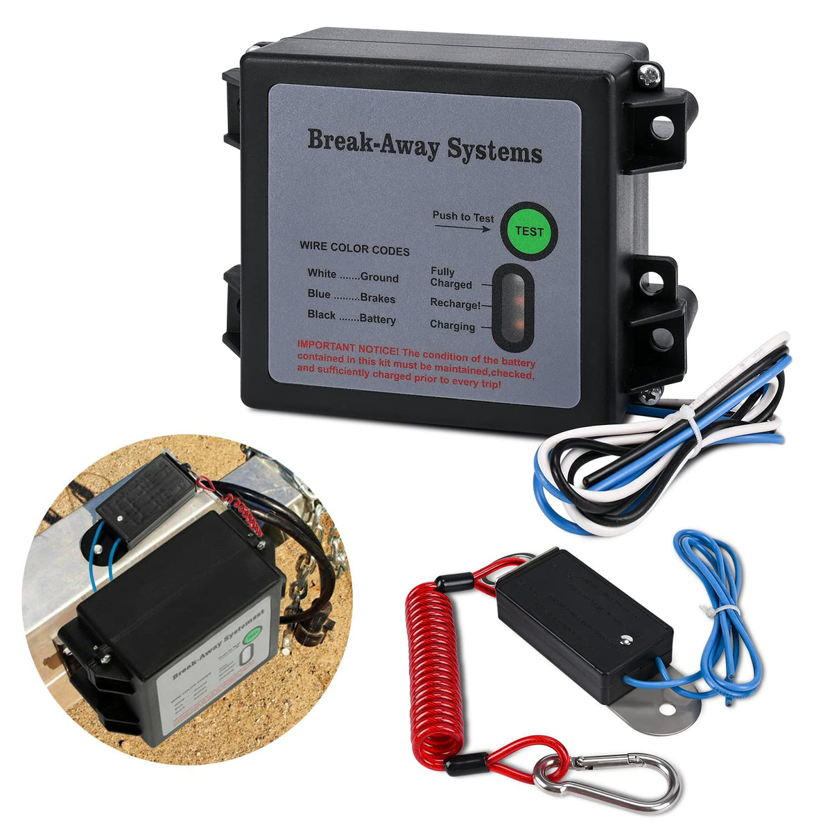 OAMCE trailer break-away system with LED test light for quick status checks